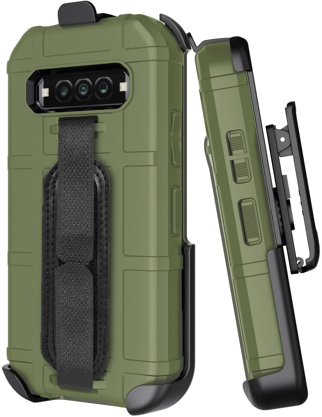 Front. Nakedcellphone - Combo for Kyocera DuraForce Pro 3 Phone - Special Ops Case and Holster Belt Clip and Hand Strap - Olive.