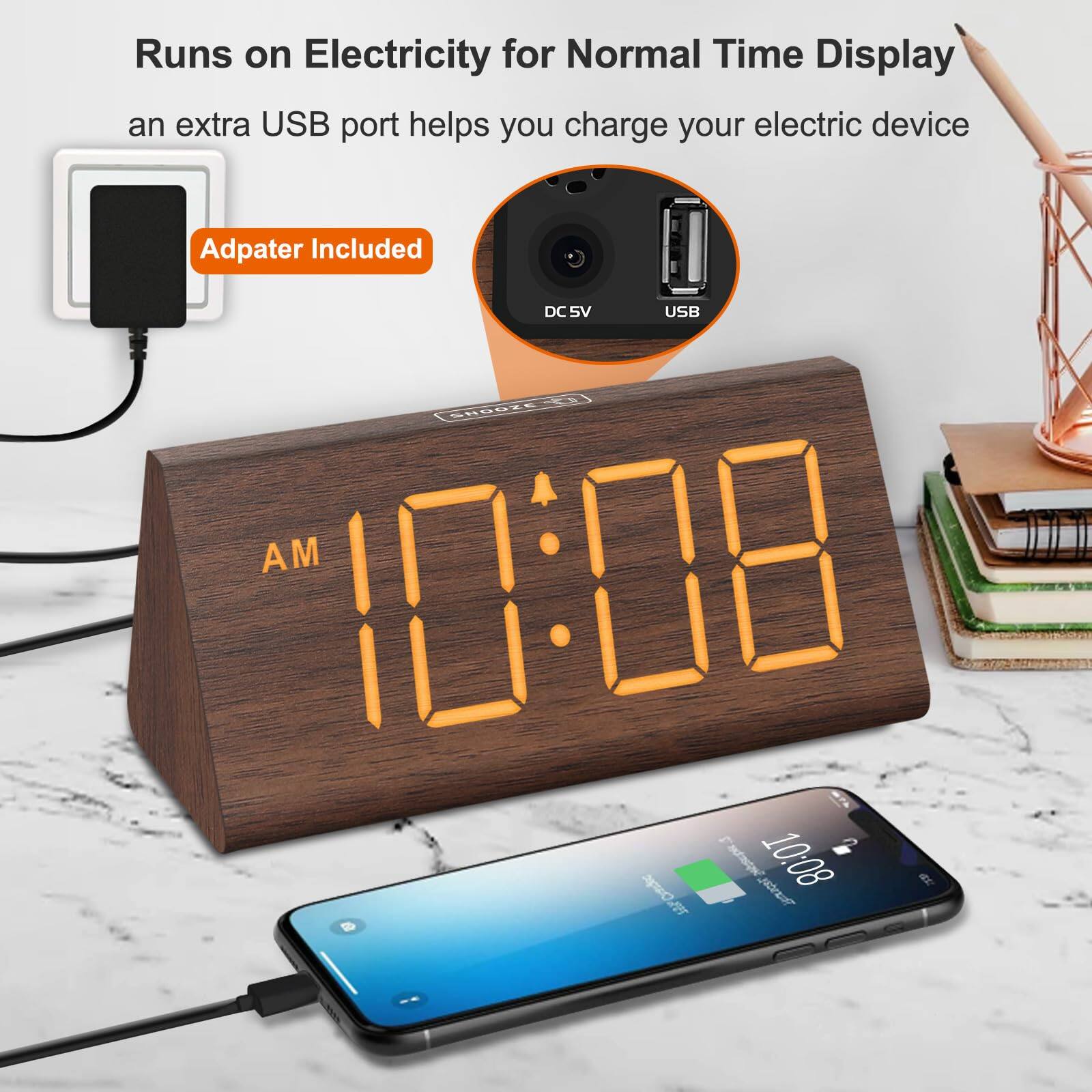 Runs on Electricity for Normal Time Display  
an extra USB port helps you charge your electric device  
Adapter Included  
DC 5V  
USB