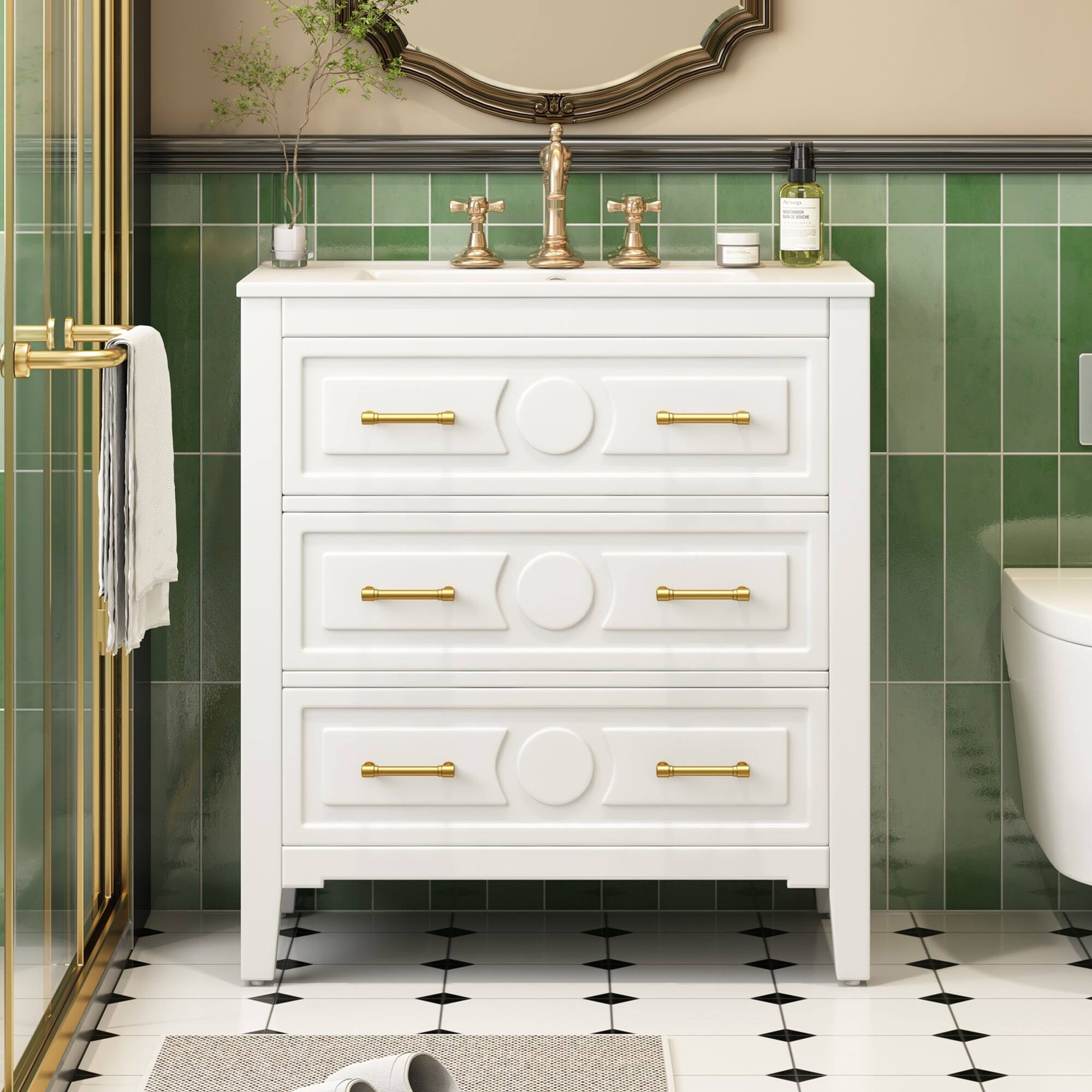 Alt View 4. Boyel Living - 30 Inch Retro Bathroom Vanity with Ceramic Sink and Three Drawers White - White.