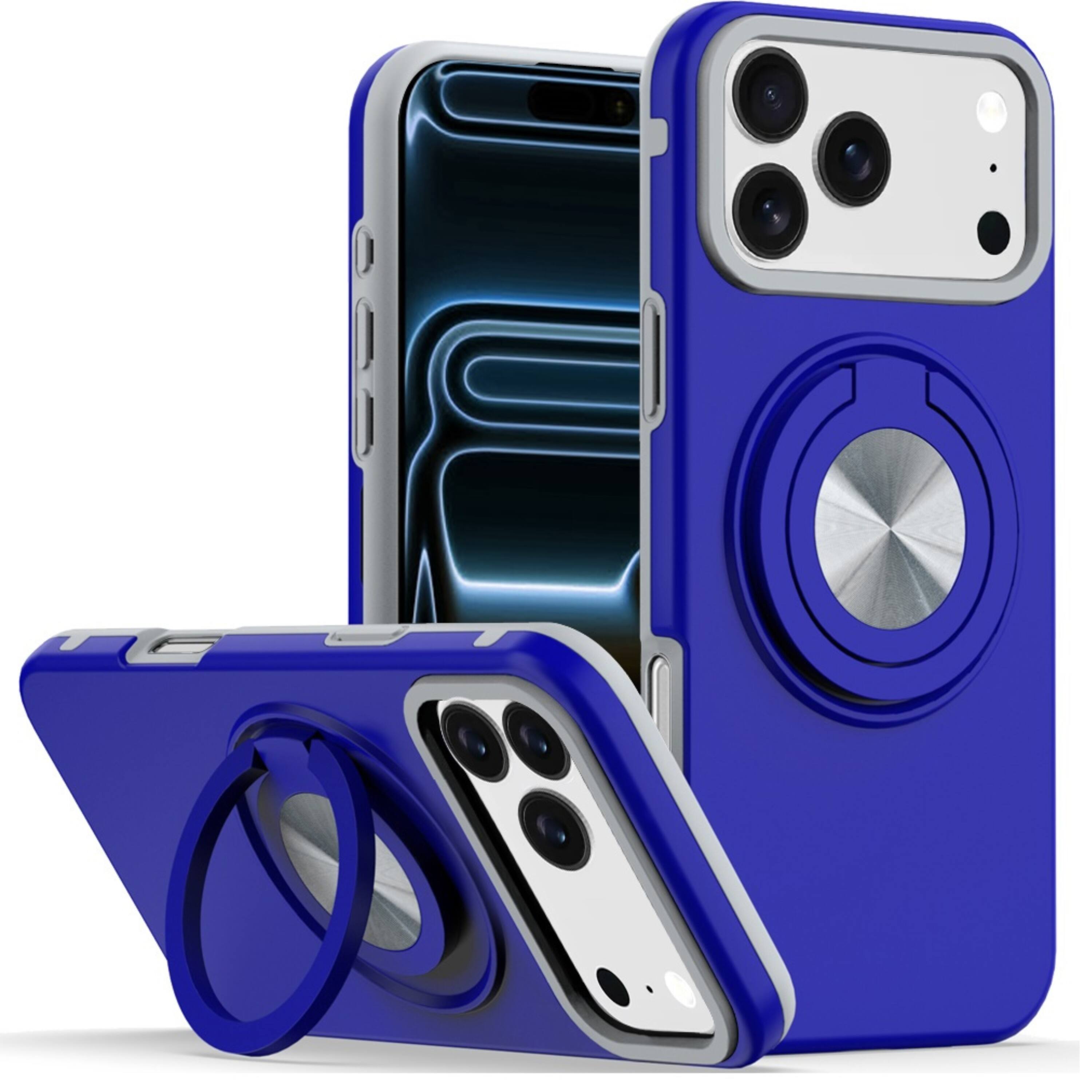 Front. Kitcheniva - Heavy Duty Solid Shockproof Ring Stand Case With Tempered Glass For iPhone 17 Pro Max Blue - Black.