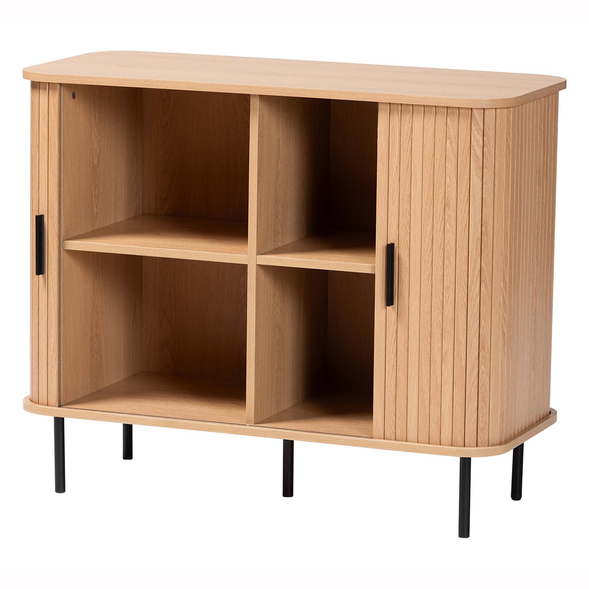 Angle. Baxton Studio - Lucia Fluted Wood Storage Cabinet - Mid-Century Modern Sideboard with Sliding Tambour Doors, 35" Wide - Light Oak/Black.