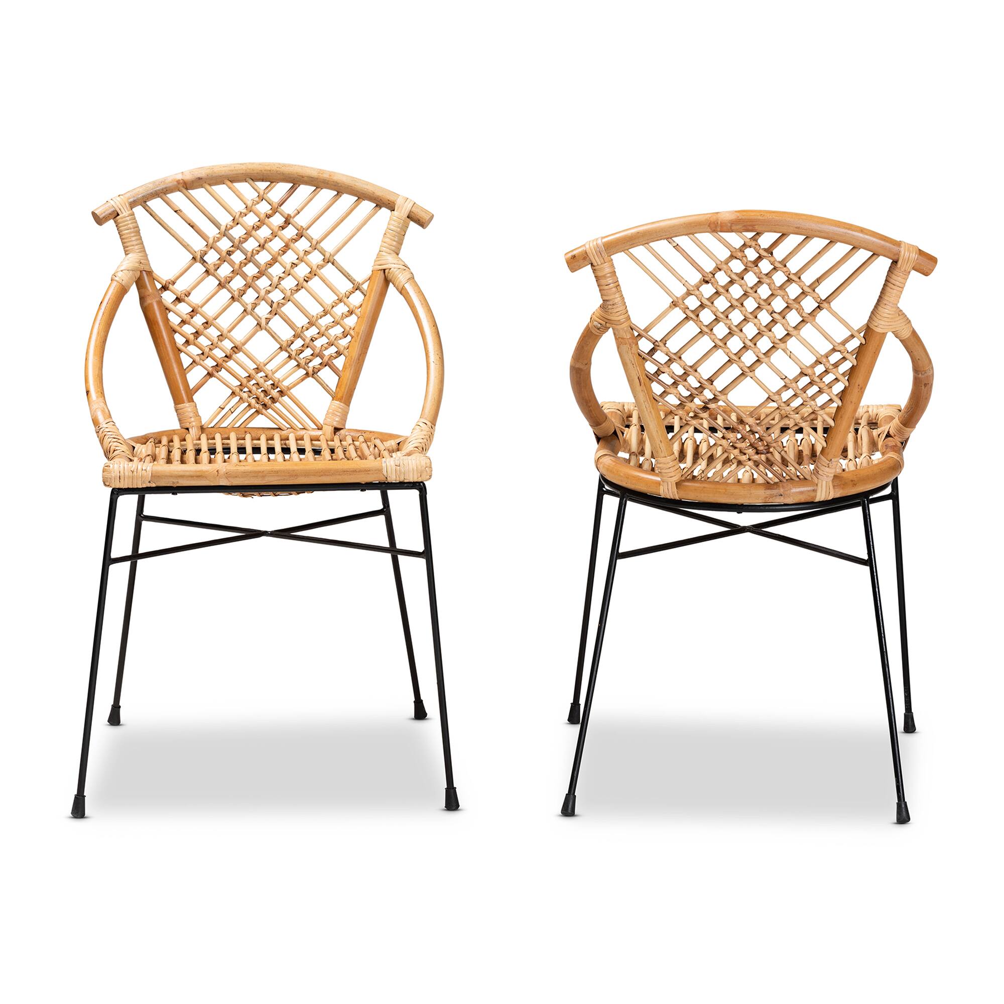 Angle. bali & pari - Pro Modern Bohemian Rattan and Metal 2-Piece Dining Chair Set - Natural Brown/Black.