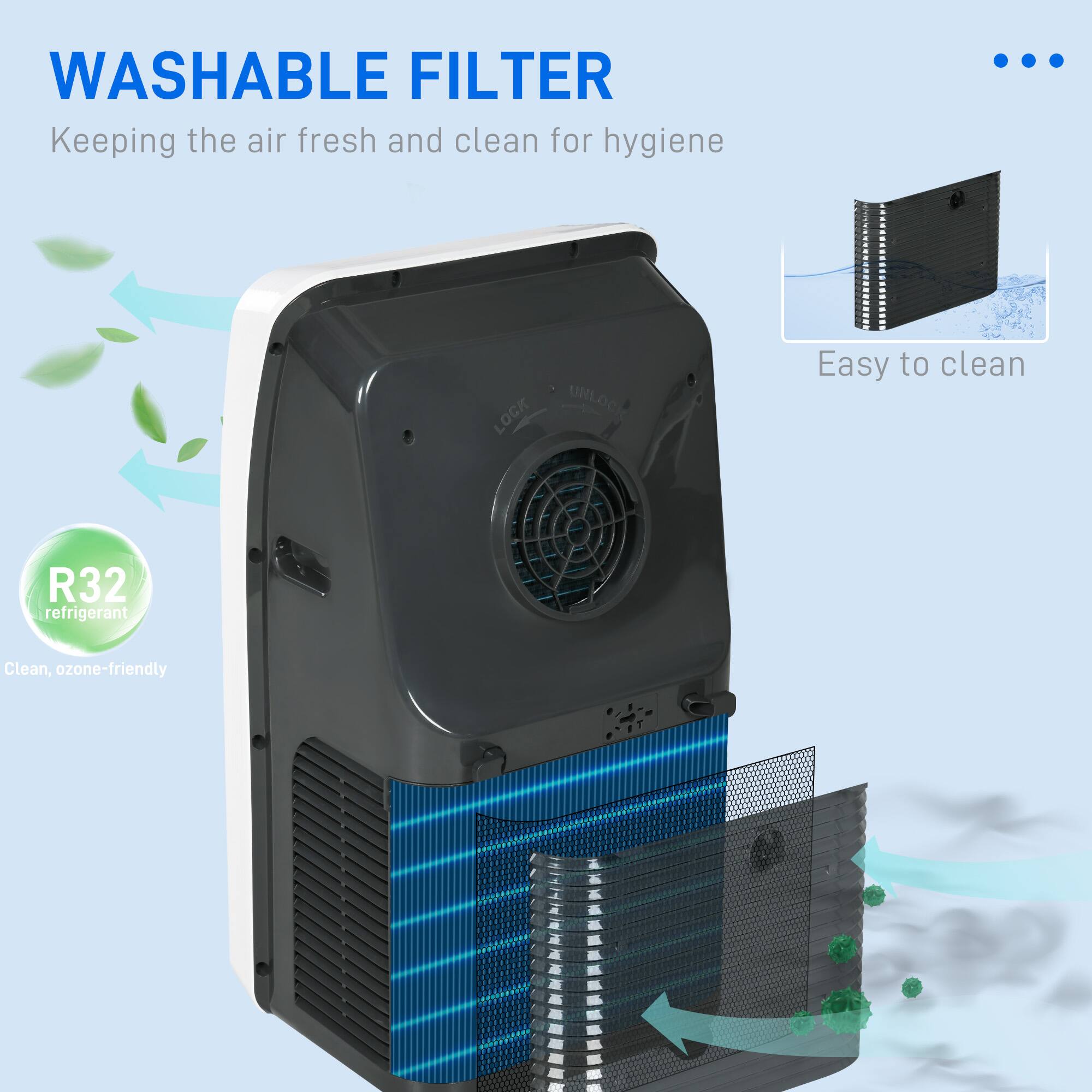WASHABLE FILTER  
Keeping the air fresh and clean for hygiene  

Easy to clean  

R32 refrigerant  
Clean, ozone-friendly