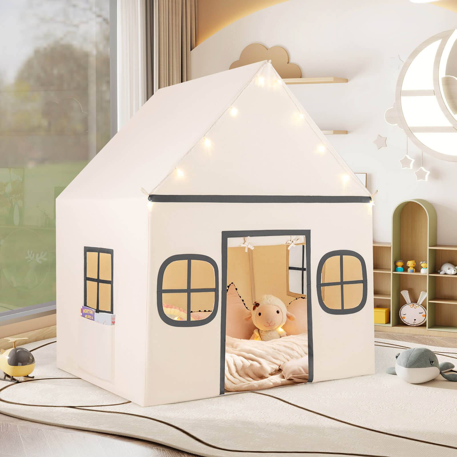 Alt View 3. Costway - Costway Kids Play Tent with Padded Mat, Star Lights, Side Storage Bags, Door & Windows - Beige.