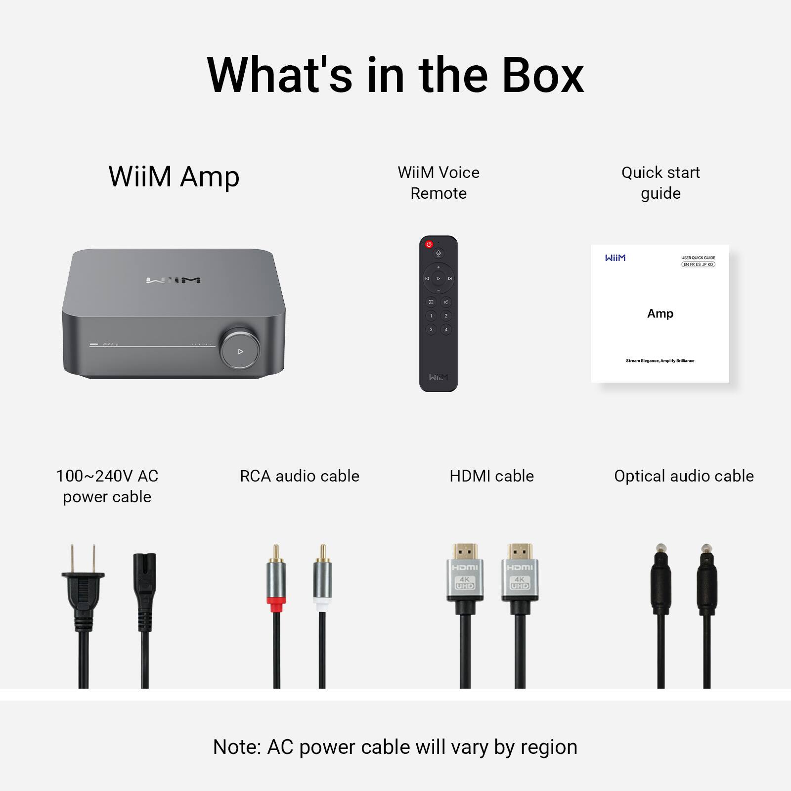 What's in the Box

- WiiM Amp
- WiiM Voice Remote
- Quick start guide

Cables:
- 100~240V AC power cable
- RCA audio cable
- HDMI cable
- Optical audio cable

Note: AC power cable will vary by region