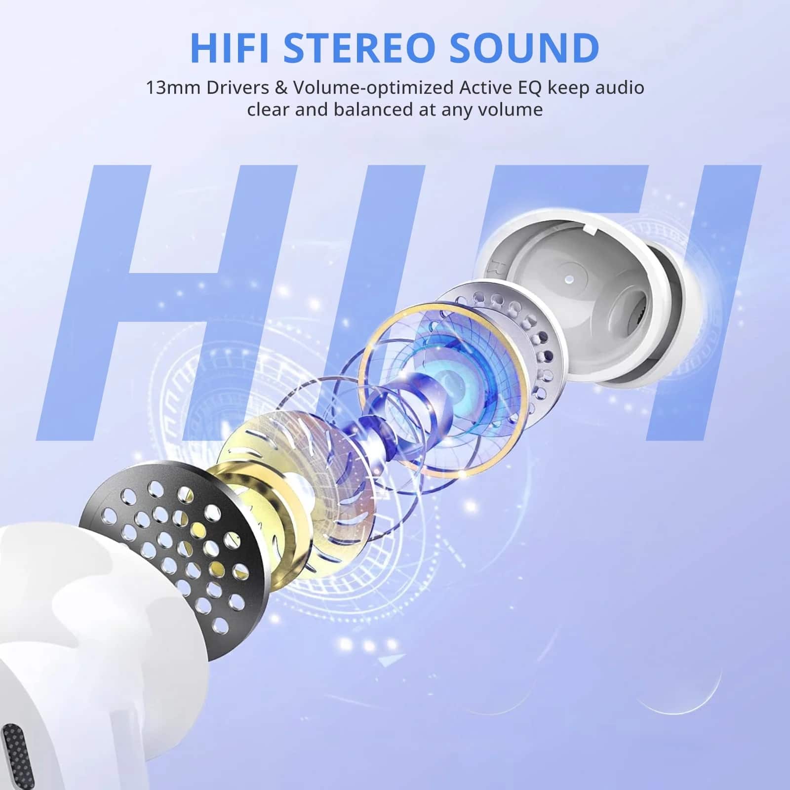 HIFI STEREO SOUND
13mm Drivers & Volume-optimized Active EQ keep audio clear and balanced at any volume