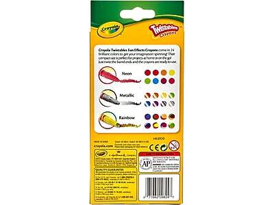 Crayola Twistables Fun Effects Crayons come in 24 brilliant colors to get your imagination spinning. Their compact size is perfect for projects at home or on the go. Just twist the end to reveal the color and the crayons are ready to use.

Neon
Metallic
Rainbow

Crayola.com

QUALITY GUARANTEE

AP

CE

H4008

Barcode: 736042082477