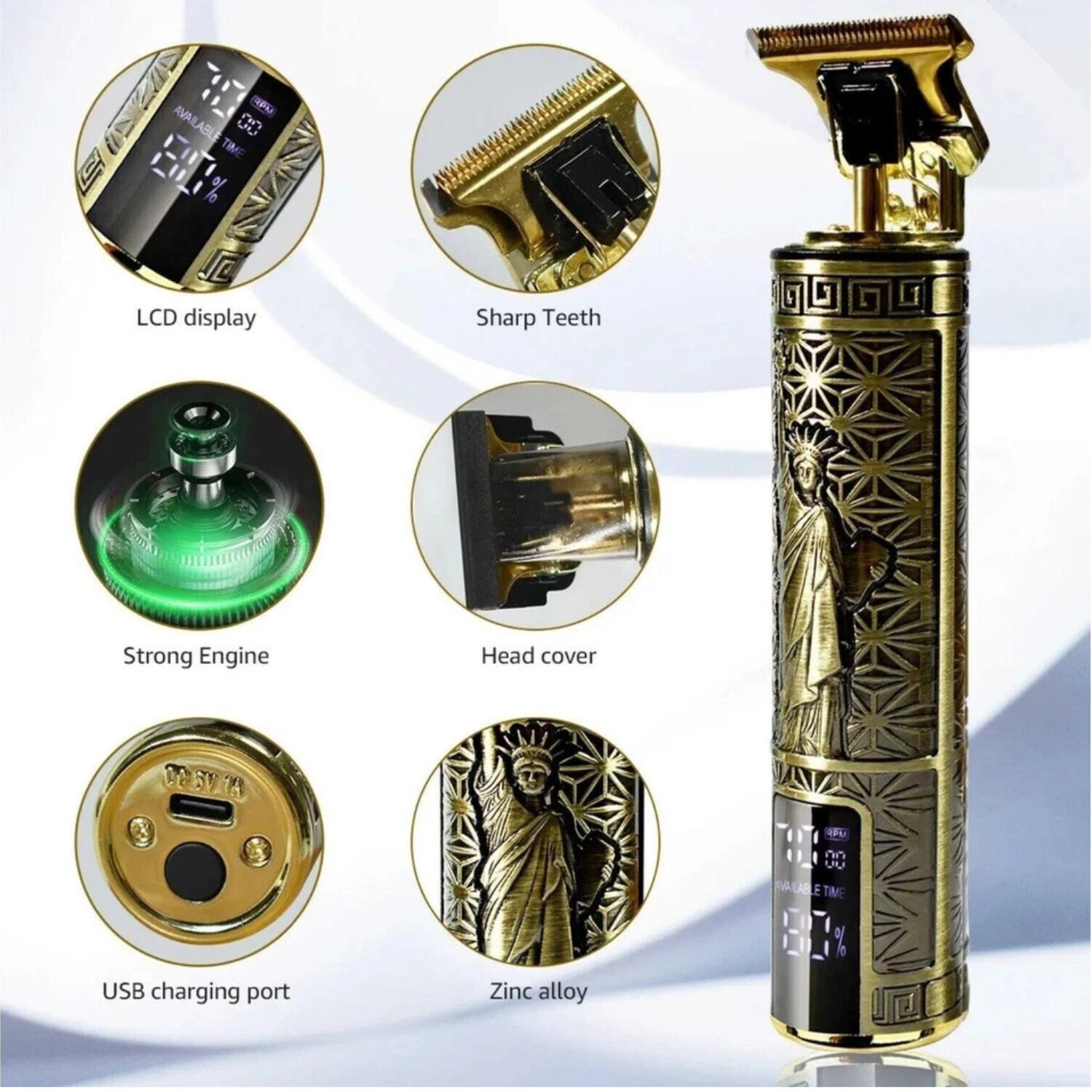 - LCD display
- Sharp Teeth
- Strong Engine
- Head cover
- USB charging port
- Zinc alloy