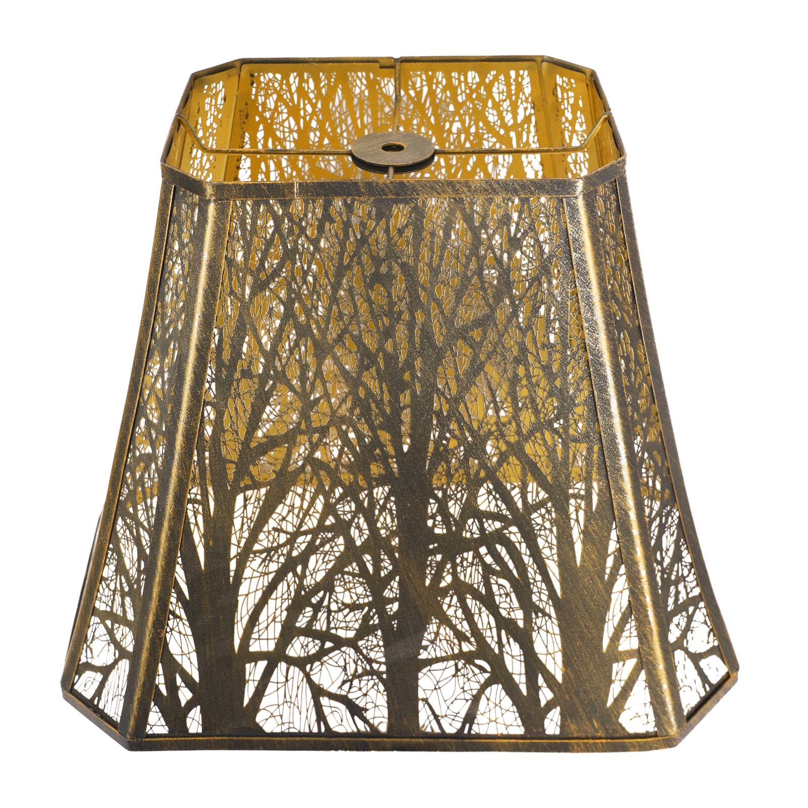 Front. Alucset - Rectangle Cut Conner Metal Bell Lamp Shade Forest Pattern Fits For Table Floor Lamps - Spider Fitter - Antique Bronze - Antique Bronze & Gold.