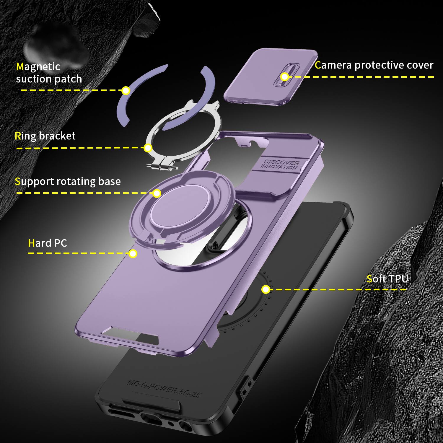 Magnetic suction patch  
Camera protective cover  
Ring bracket  
Support rotating base  
DISCOVER INNOVATION  
Hard PC  
Soft TPU  
MO-G-POWER-5G-25