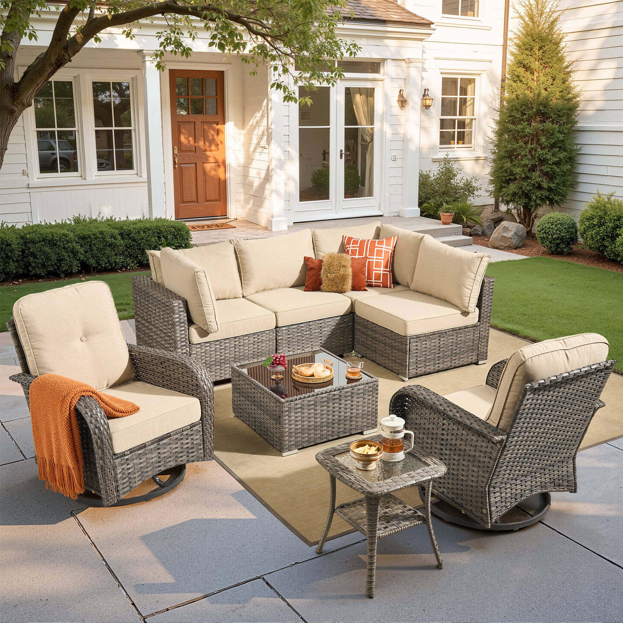 Ovios - 8 PCS Patio Furniture Sofa Set Wicker Sofa Couch with Swivel Chair, Coffee Table & Side Table - Beige