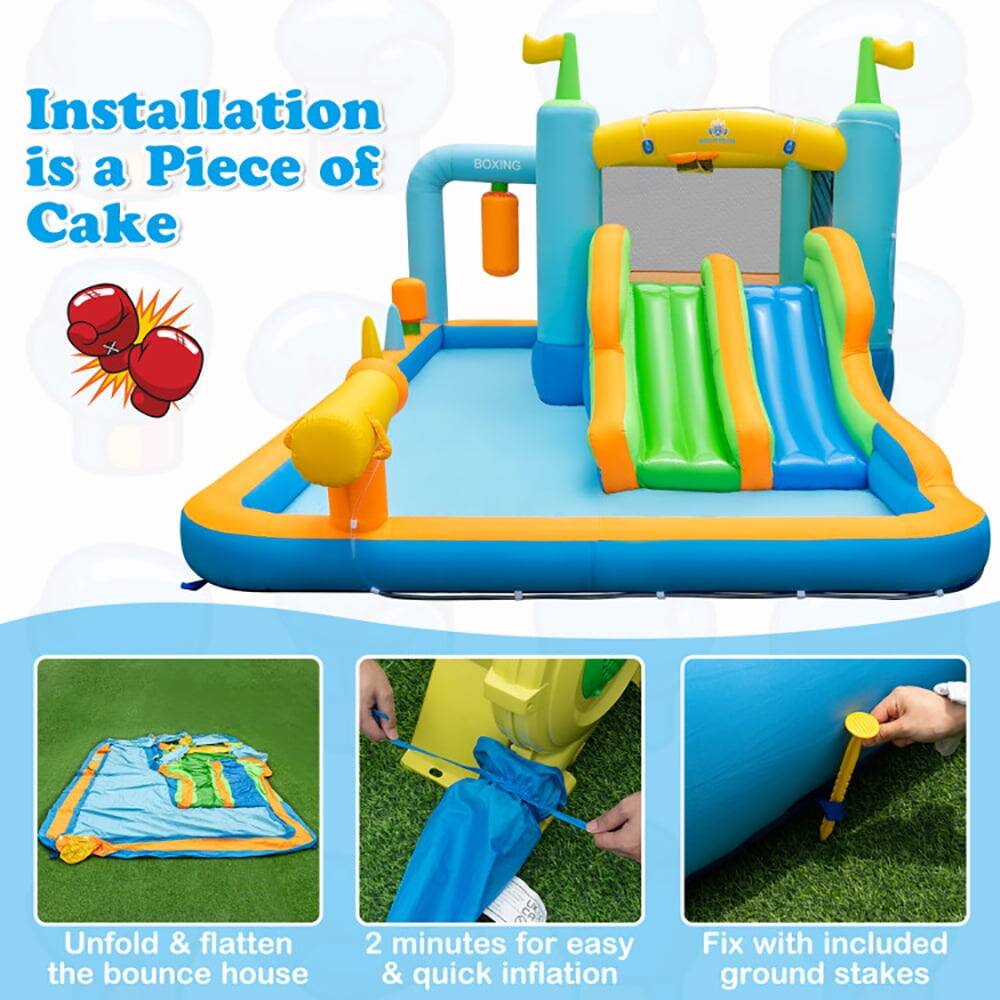 Installation is a Piece of Cake

Unfold & flatten the bounce house

2 minutes for easy & quick inflation

Fix with included ground stakes