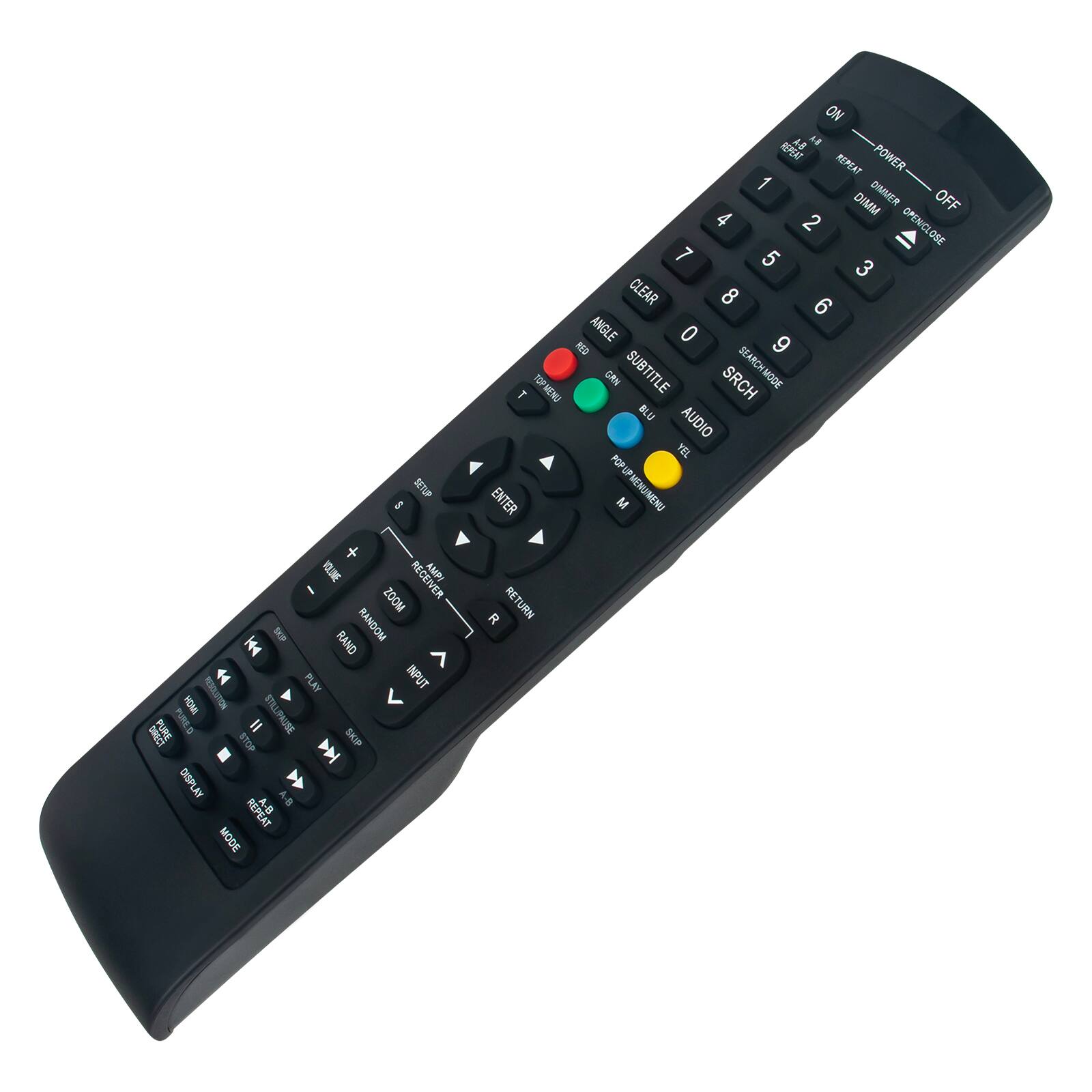 Sure, here is the corrected and grouped text from the image:

- **Top Section:**
  - ON
  - POWER
  - OFF
  - REPEAT
  - DIMMER
  - OPEN/CLOSE

- **Number Pad:**
  - 1
  - 2
  - 3
  - 4
  - 5
  - 6
  - 7
  - 8
  - 9
  - 0
  - CLEAR

- **Middle Section:**
  - ANGLE
  - SUBTITLE
  - SCHEDULE
  - SEARCH
  - AUDIO
  - HEL

- **Color Buttons:**
  - RED
  - GREEN
  - BLUE
  - YELLOW

- **Directional Pad:**
  - UP
  - DOWN
  - LEFT
  - RIGHT
  - ENTER

- **Bottom Section:**
  - VOL+
  - VOL-
  - REC
  - ZOOM
  - RANDOM
  - INPUT
  - PLAY
  - PAUSE
  - STOP
  - SKIP
  - DISPLAY
  - A-B
  - REPEAT
  - MCODE
