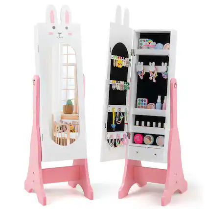 Front. Costway - Costway Kids Jewelry Cabinet Standing Children Jewelry Organizer with Full-Length Mirror - White.