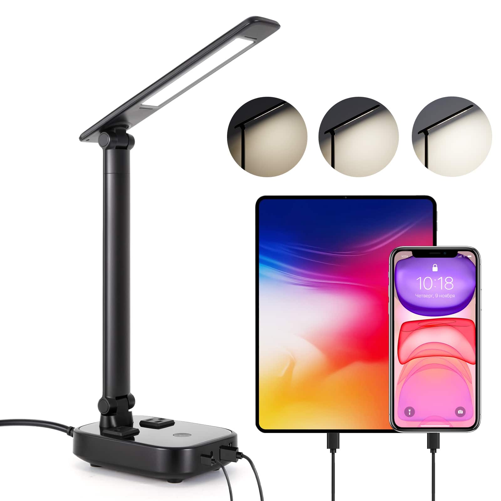 IMAGE - 4000K LED Desk Lamp with 4 USB Charging Port and 2 AC Power Sockets - Black