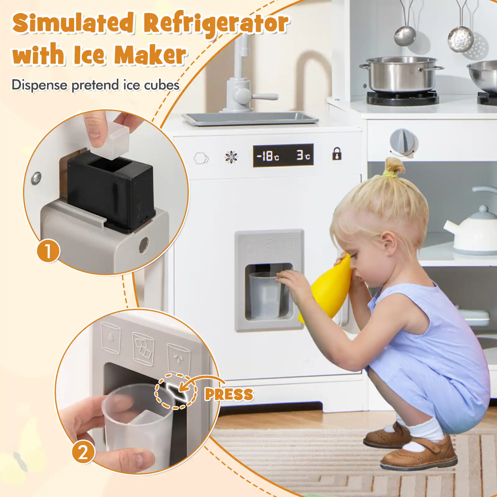 Simulated Refrigerator with Ice Maker  
Dispense pretend ice cubes  

1.  
2. PRESS