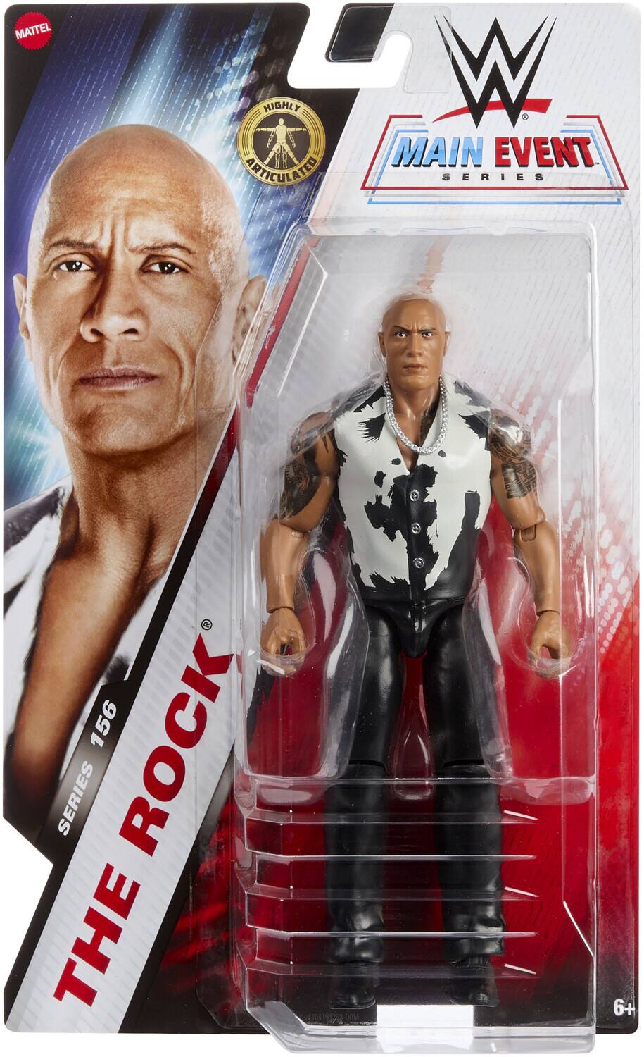 The text on the image is: "MATTEL HIGHLY ARTICULATED MAIN EVENT SERIES 156 THE ROCK SERIES 6+."