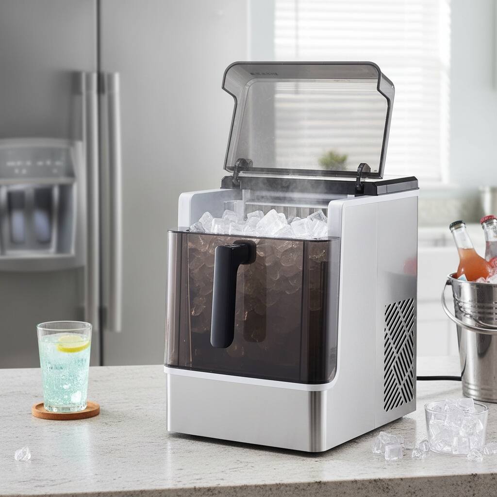 Left. Forest'nSky - Portable Ice Maker - 46 lb/24H, 15-Min Ice, Self-Clean, 3 Size Cubes, Easy Transfer for Home/Office - Silver.