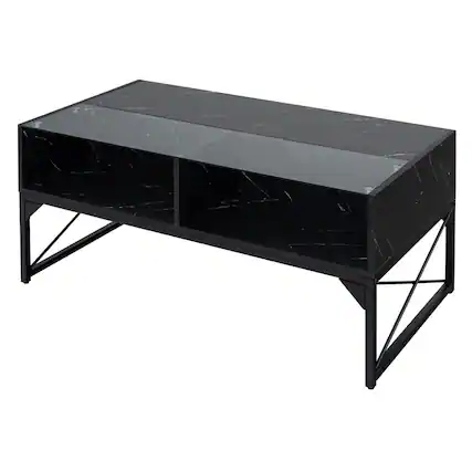 Front. SlickBlue - Center Table with Faux Marble Finish and Tempered Glass Top - Black.