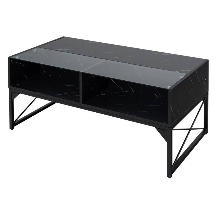 Front. SlickBlue - Center Table with Faux Marble Finish and Tempered Glass Top - Black.
