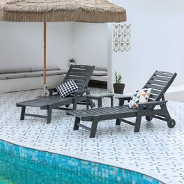 Boyel Living - 3-Piece Adjustable HDPE Chaise Lounge Set with Wheels and Side Table - Gray