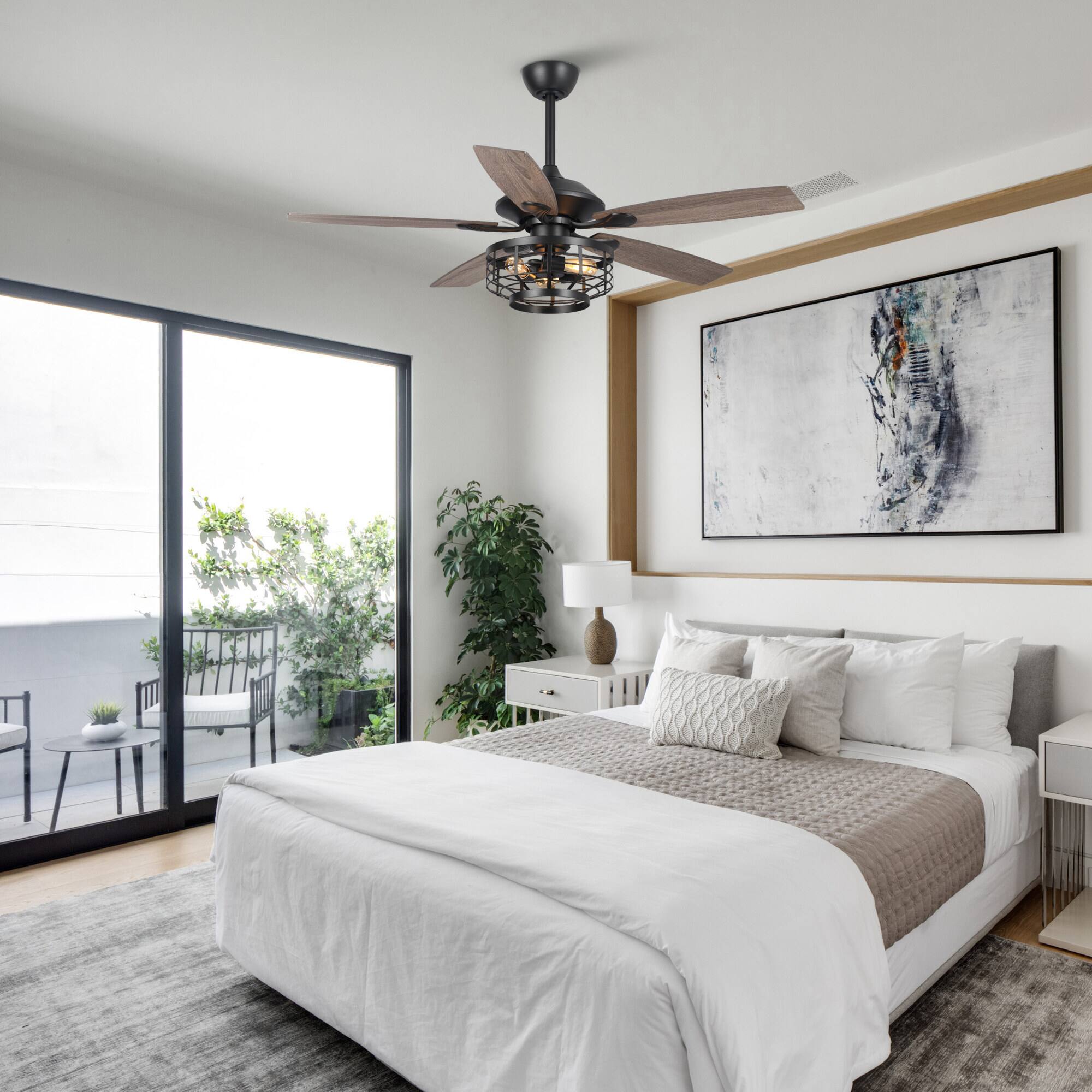 Left. Parrot Uncle - 52" Industrial Wood 5-Blade 3-Light Metal Ceiling Fan with Remote - Black.