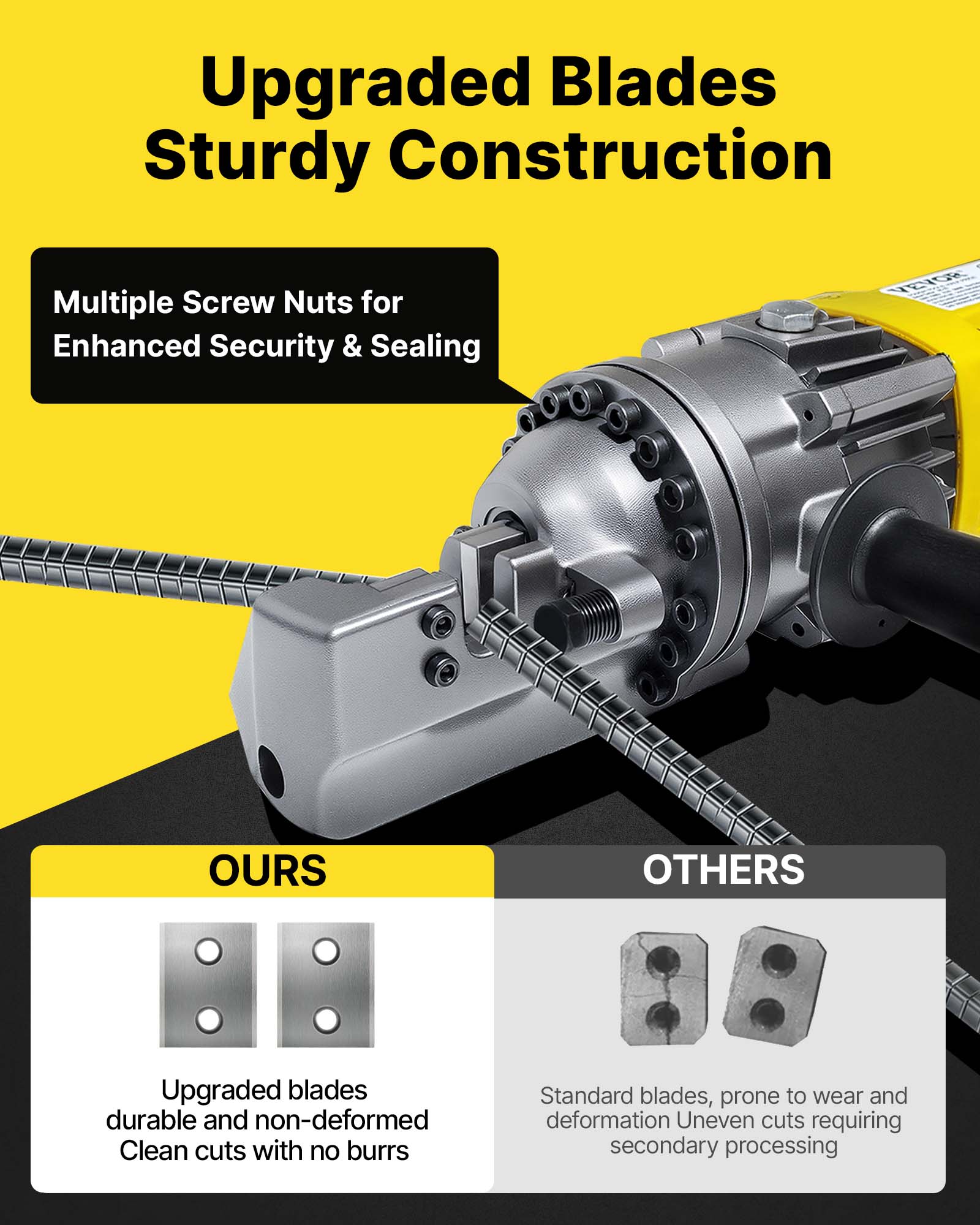 Upgraded Blades Sturdy Construction

Multiple Screw Nuts for Enhanced Security & Sealing

**OURS**
- Upgraded blades durable and non-deformed
- Clean cuts with no burrs

**OTHERS**
- Standard blades, prone to wear and deformation
- Uneven cuts requiring secondary processing