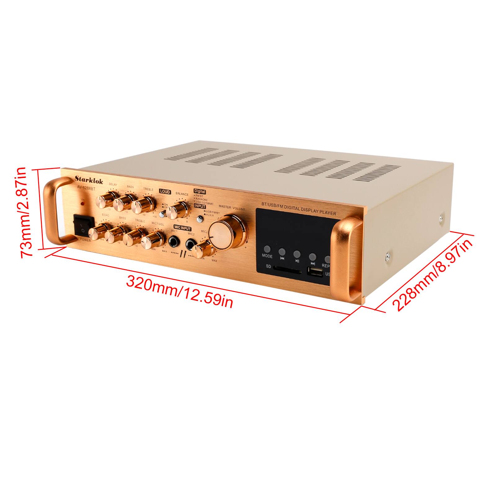 73mm/2.87in Starklok 1 - I Me ANT i 11 LOUD Digital ENANCE .m TEC.  STUES/PM  MANTAN DRGITAL TILANS DISPLAY  PLATER R - .... ... -- 1 - S - - MPUT  - - POSES - : 11 ... MODE i 2 ... - - So REP 320mm/12.59in - 228mm/8.97in