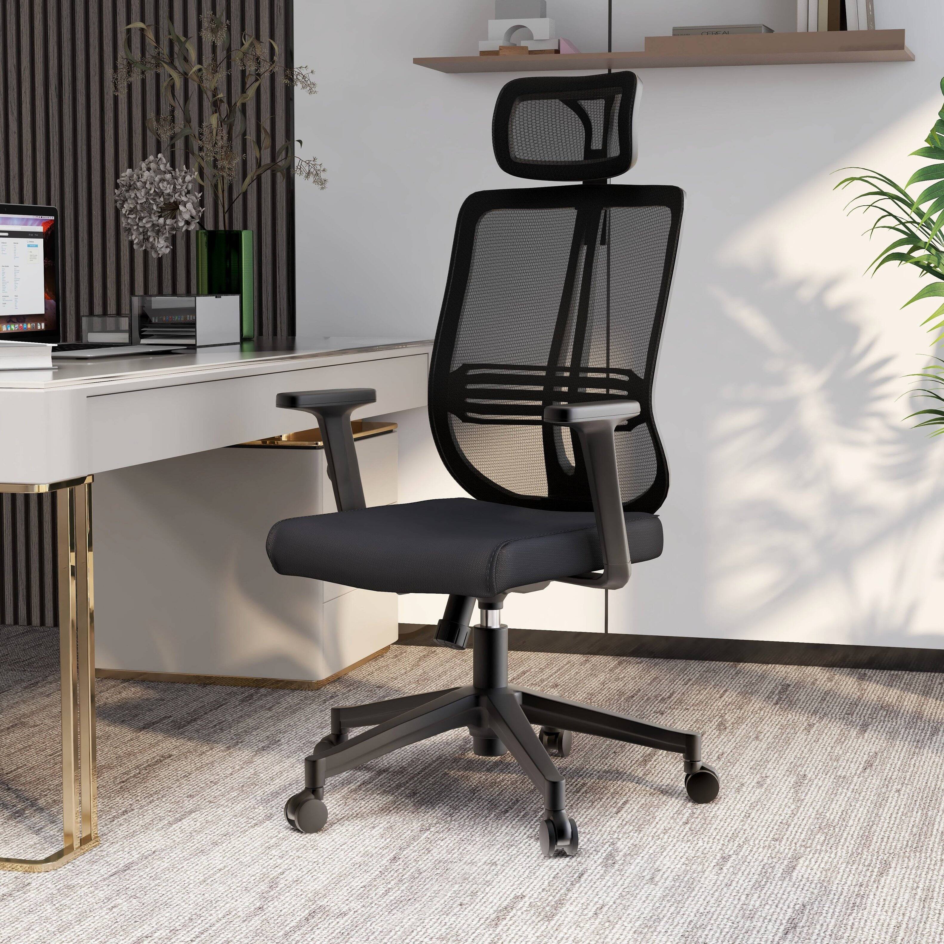 Angle. LeisureMod - Nift Mesh Office Desk Chair with Headrest, Adjustable Height, Tilt, Armrests & Durable ABS Frame - Black.