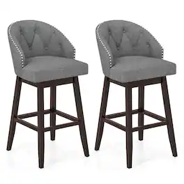 Costway - 31" Bar Stools Set of 2 with Rubber Wood Frame Swivel Seat Footrest & Rivet - Grey/Brown