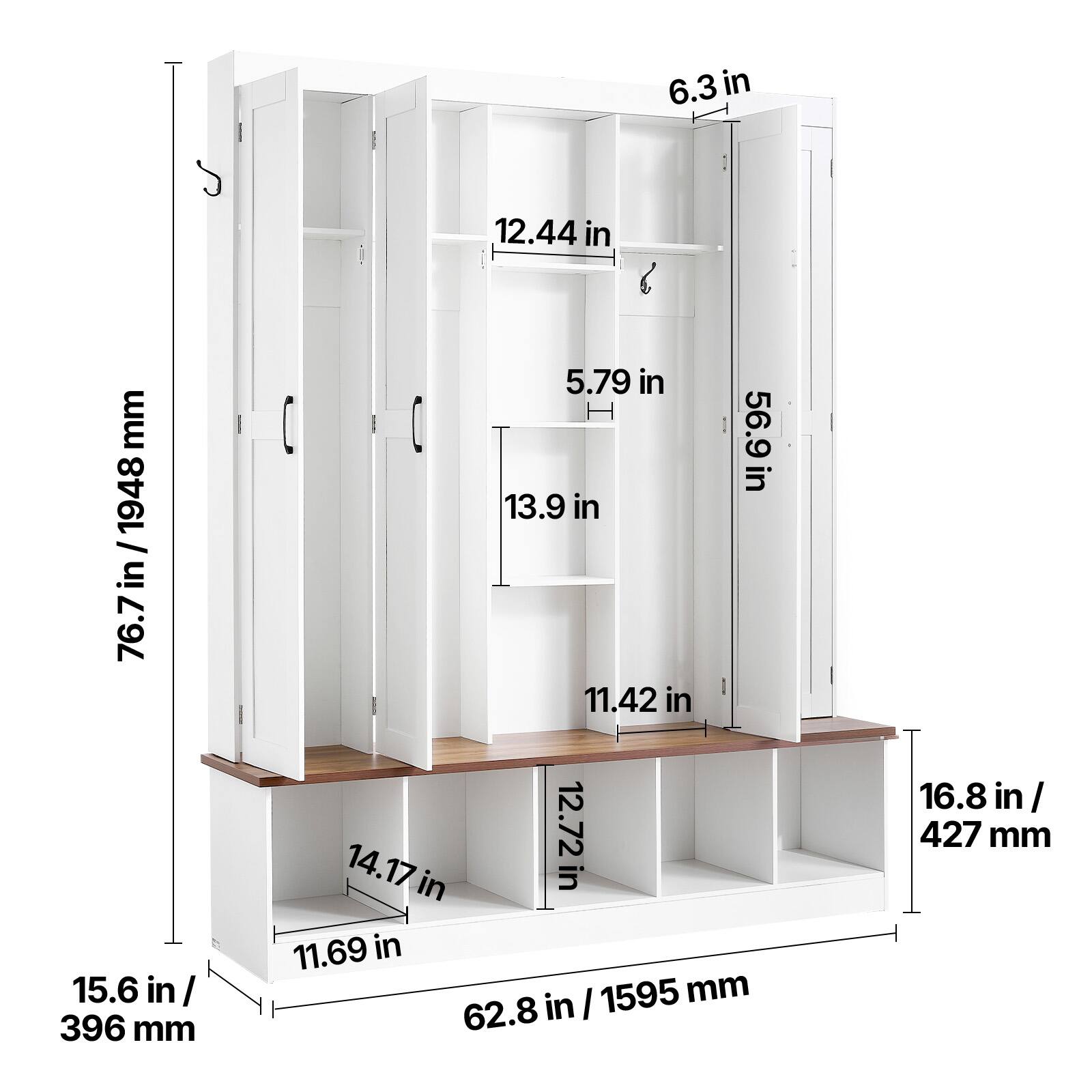 6.3 in  
12.44 in  
1948 mm  
76.7 in  
5.79 in  
13.9 in  
11.42 in  
56.9 in  
15.6 in / 396 mm  
12.72 in  
14.17 in  
11.69 in  
1595 mm  
62.8 in  
16.8 in / 427 mm