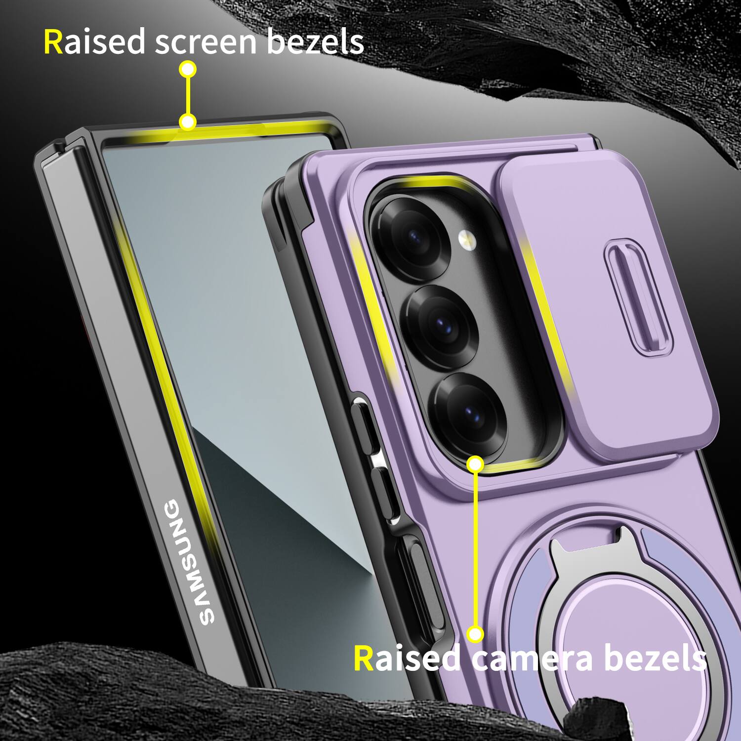 Raised screen bezels  
SAMSUNG  
Raised camera bezels