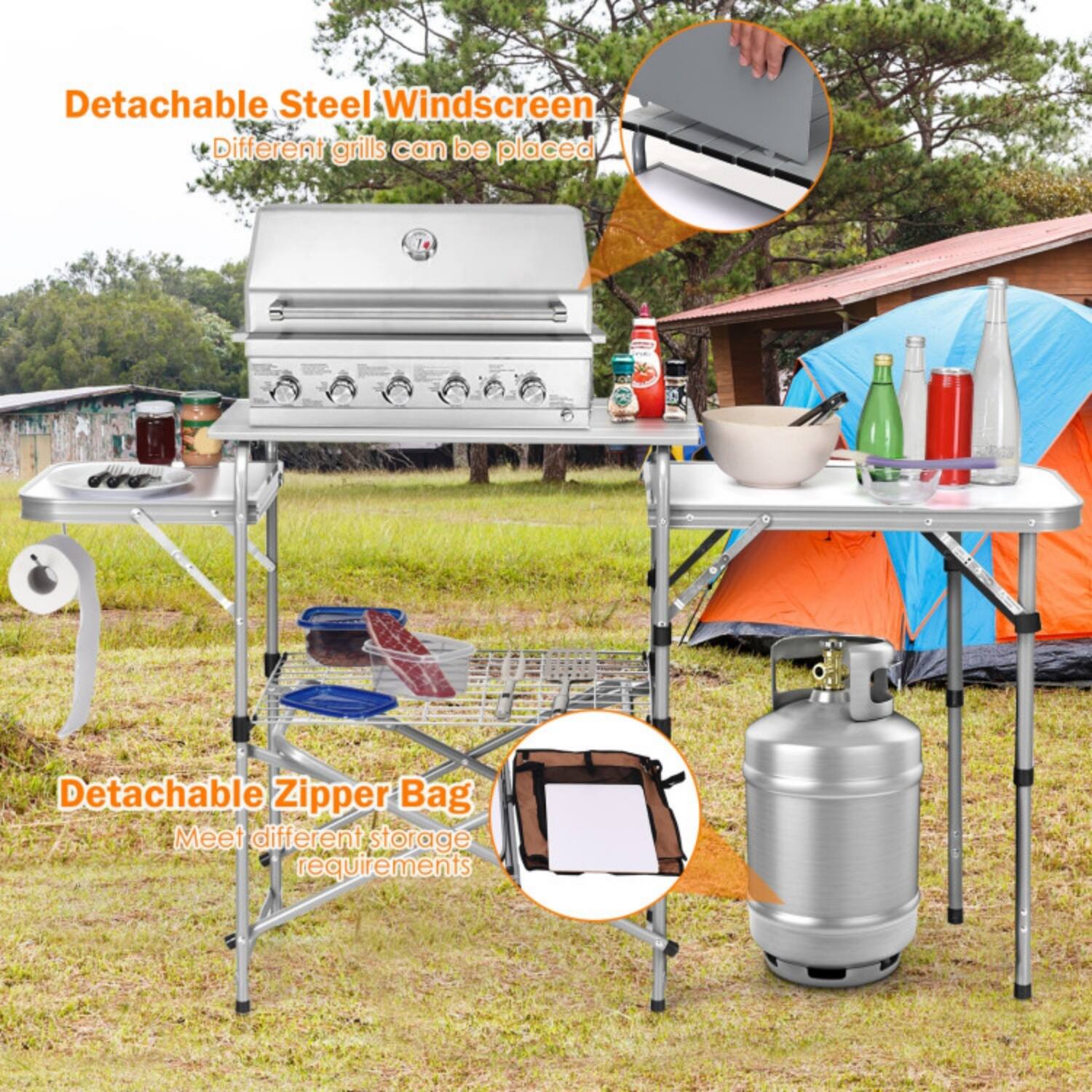 Detachable Steel Windscreen  
Different grills can be placed  

Detachable Zipper Bag  
Meet different storage requirements