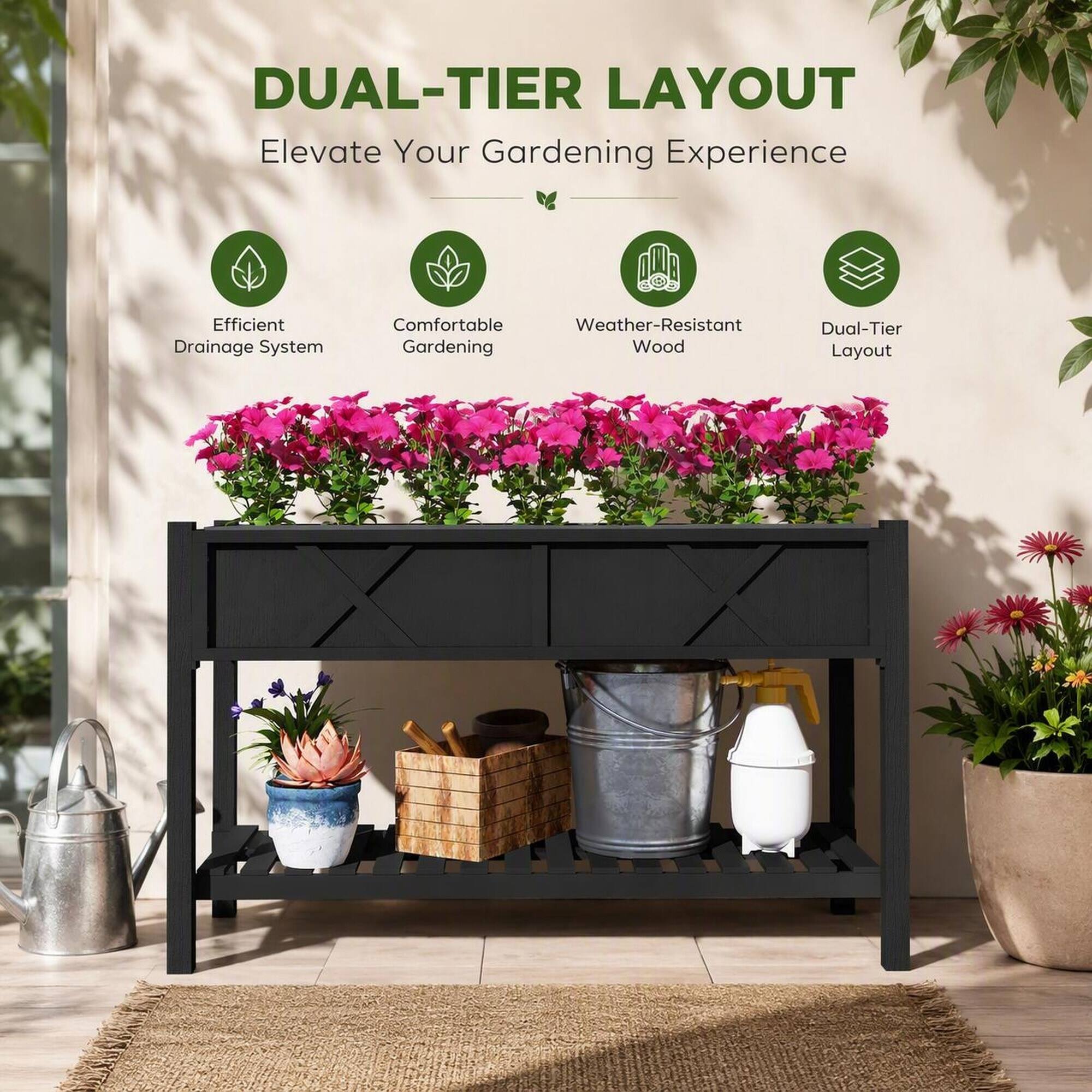 DUAL-TIER LAYOUT  
Elevate Your Gardening Experience

- Efficient Drainage System
- Comfortable Weather-Resistant Gardening Wood
- Dual-Tier Layout