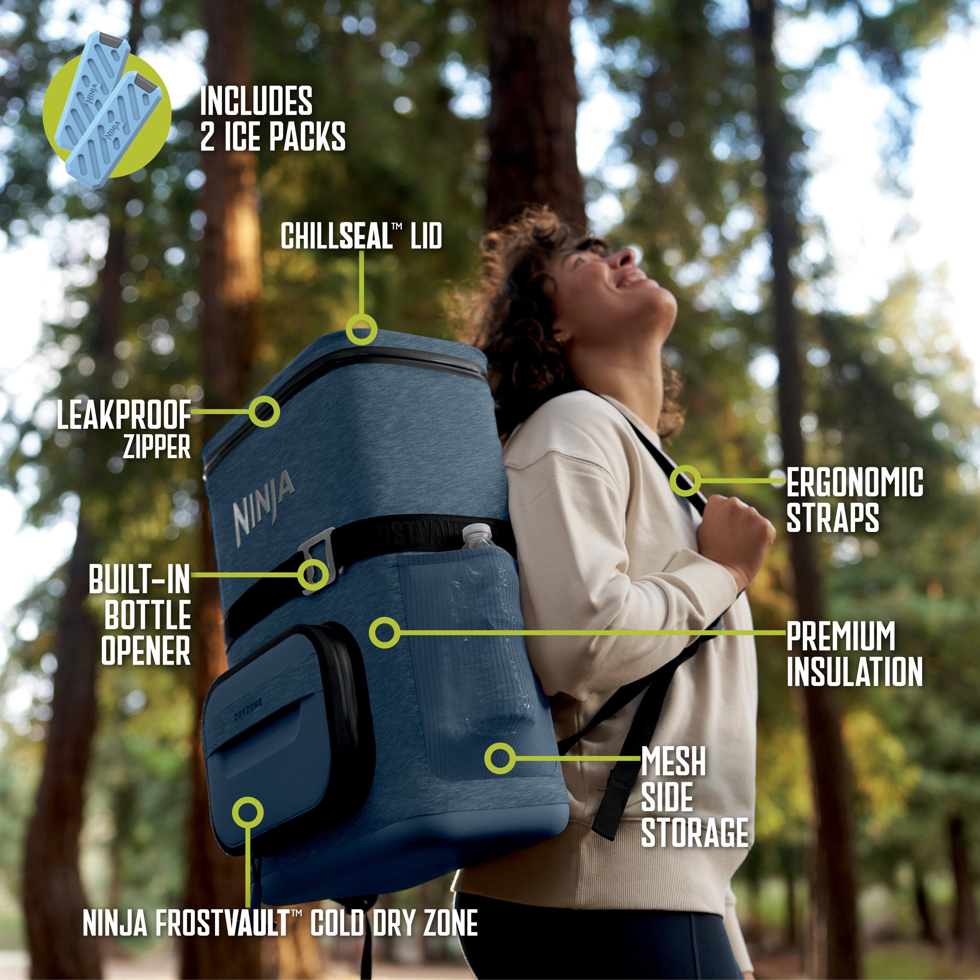 INCLUDES 2 ICE PACKS  
CHILLSEAL™ LID  
LEAKPROOF ZIPPER  
BUILT-IN BOTTLE OPENER  
ERGONOMIC STRAPS  
PREMIUM INSULATION  
MESH SIDE STORAGE  
NINJA FROSTVAULT™ COLD DRY ZONE