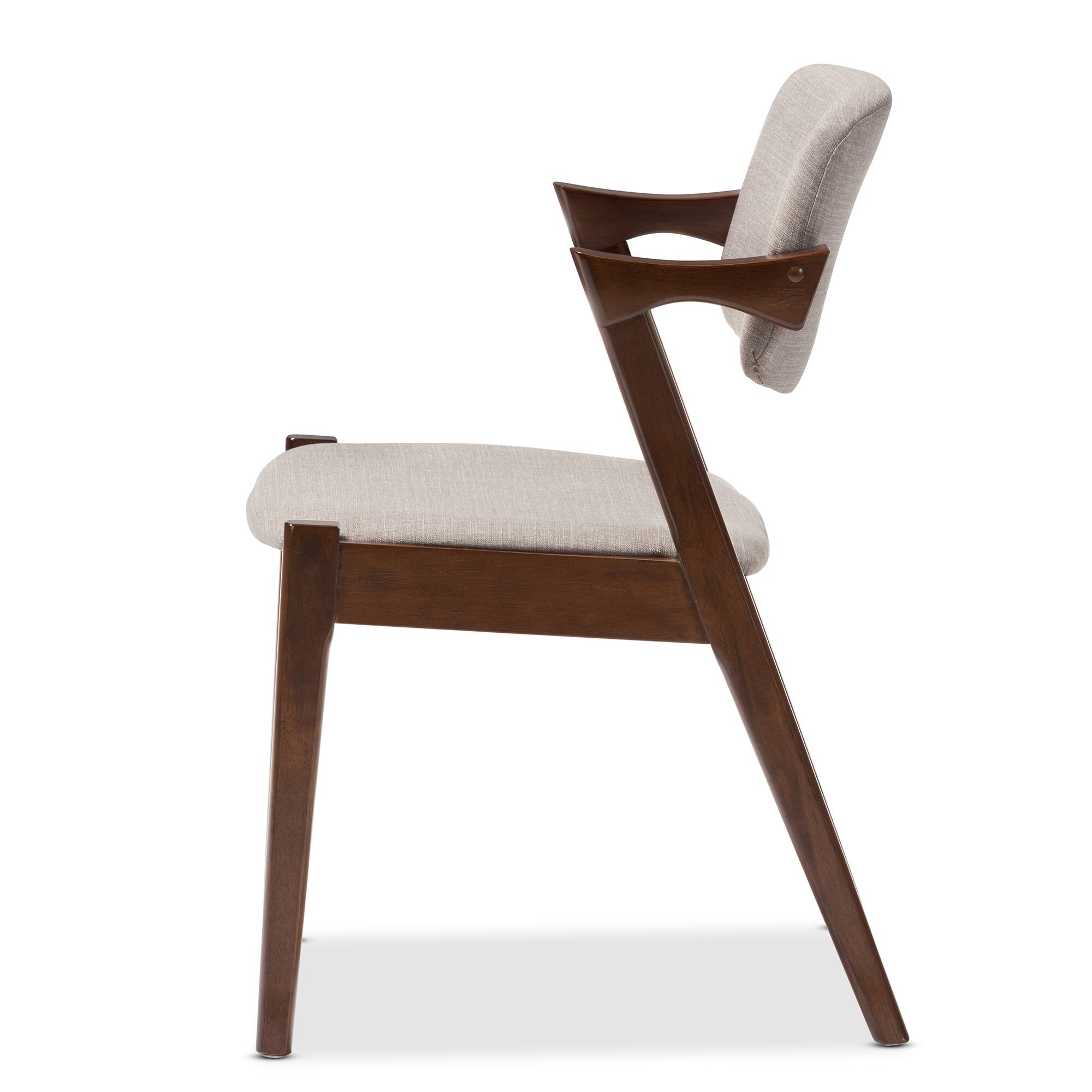 Left. Baxton Studio - Elegant Mid-Century Dark Walnut Wood Fabric Upholstered Dining Armchair - Light Grey/Walnut Brown.