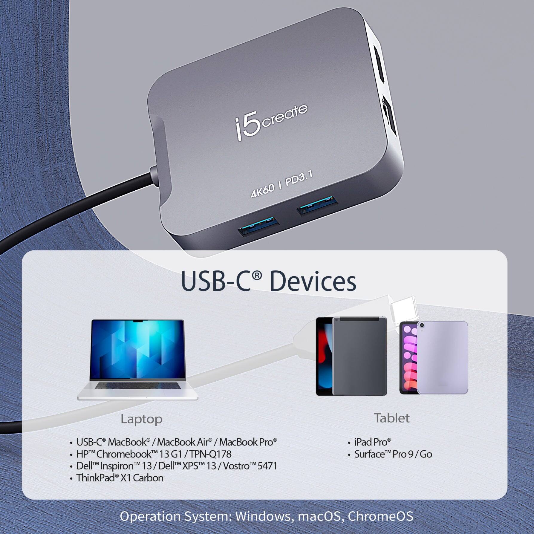 i5create PD3.1 4K60 R USB-C Devices

Laptop:
- USB-C MacBook / MacBook Air / MacBook Pro
- HP Chromebook 13 G1 / TPN-Q178
- Dell Inspiron 13 / Dell XPS 13 / Vostro 5471
- ThinkPad X1 Carbon

Tablet:
- iPad Pro
- Surface Pro 9 / Go

Operation System: Windows, macOS, ChromeOS