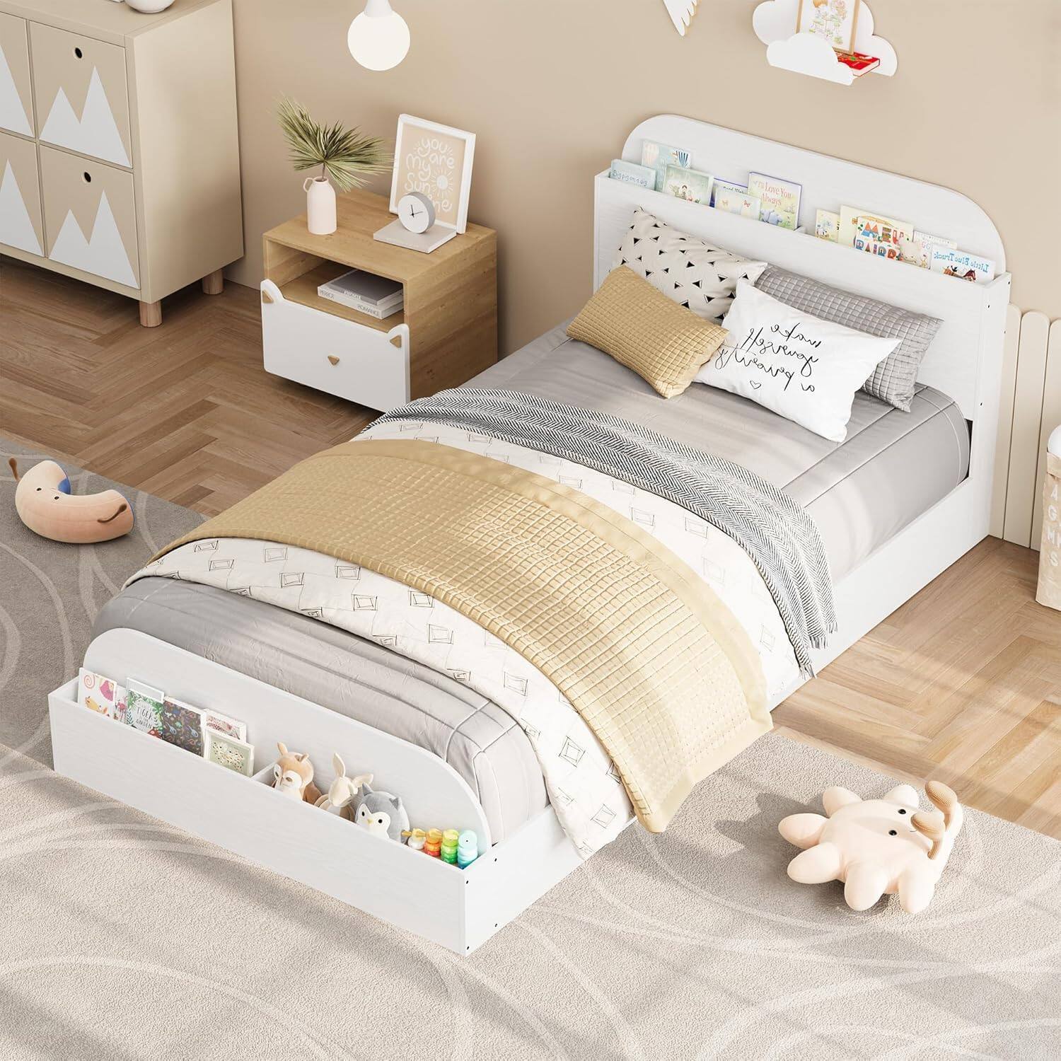 Sure, here is the corrected text from the image:

1. On the pillow:
   - "Love you to the moon and back"

2. On the frame on the nightstand:
   - "you are my sunshine"

3. On the cards on the headboard:
   - "I love you"
   - "Love you"
   - "Love you"
   - "Love you"
   - "Love you"
   - "Love you"

4. On the cards in the drawer:
   - Various messages and drawings, but not fully legible.

5. On the wall decoration:
   - "Love you" (on the cloud-shaped decoration)

6. On the books on the nightstand:
   - Not fully legible, but appears to be titles or names.

7. On the stuffed animals:
   - Not legible, but likely names or messages.

8. On the drawer organizer:
   - Not legible, but likely names or messages.

9. On the small frame on the nightstand:
   - Not legible, but likely a name or message.

10. On the small frame on the nightstand:
    - Not legible, but likely a name or message.

11. On the small frame on the