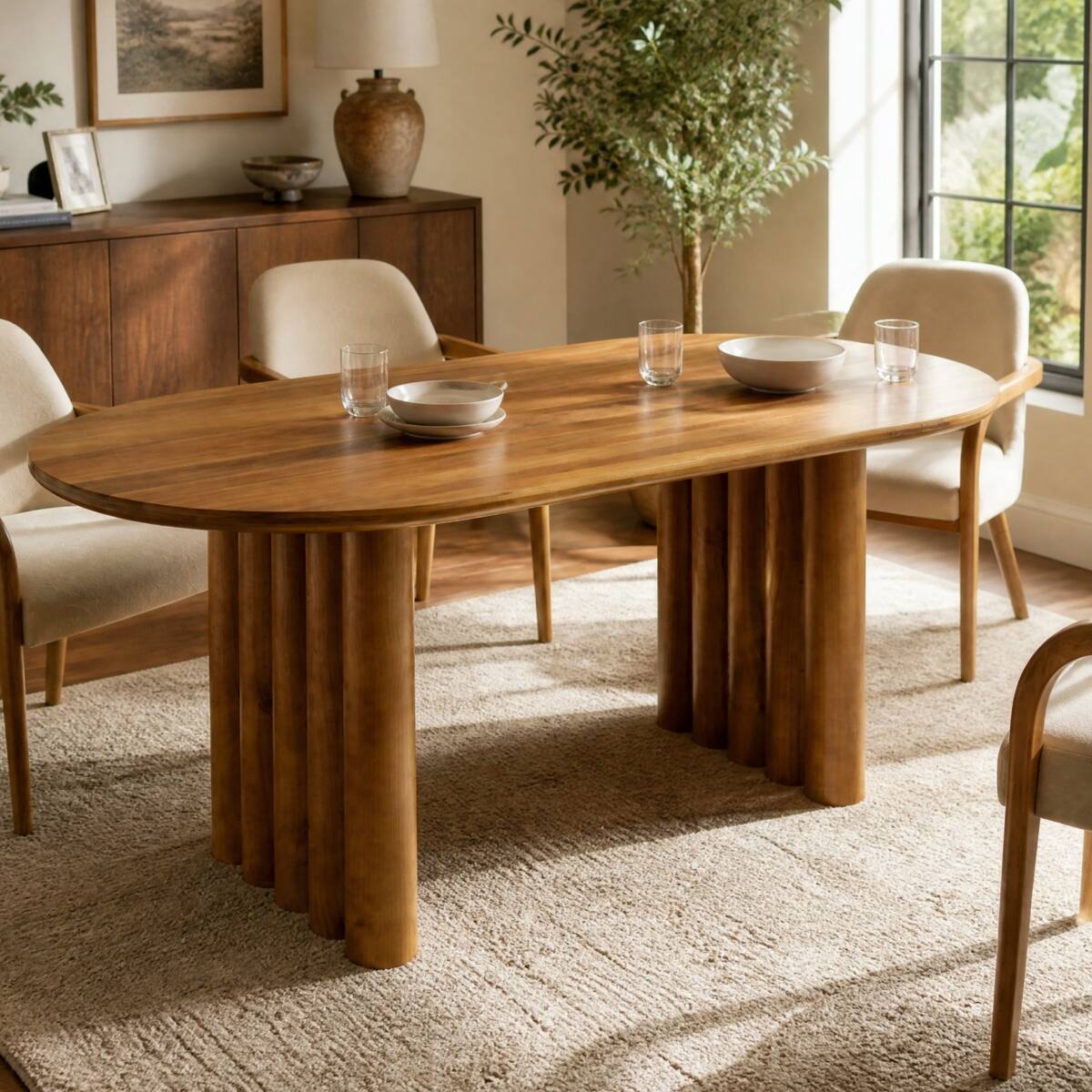 Loheer Modern Oval Dining Table with Cylindrical Legs, MDF, 65 Inch ...