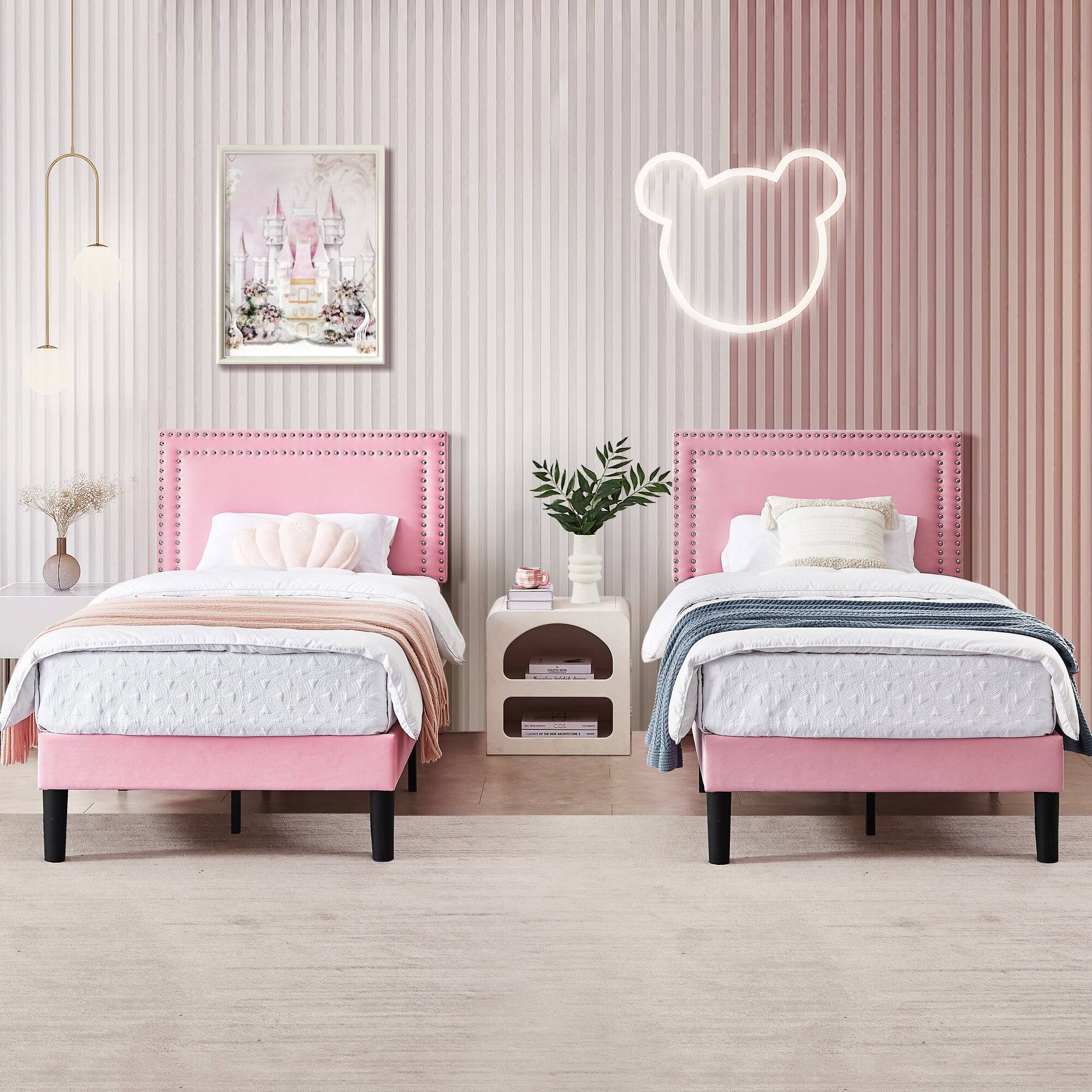 Back. Vecelo - Twin Size Platform Bed Frame with Adjustable Upholstered Headboard, Strong Wood Slat Support,No Box Spring Needed - Pink.