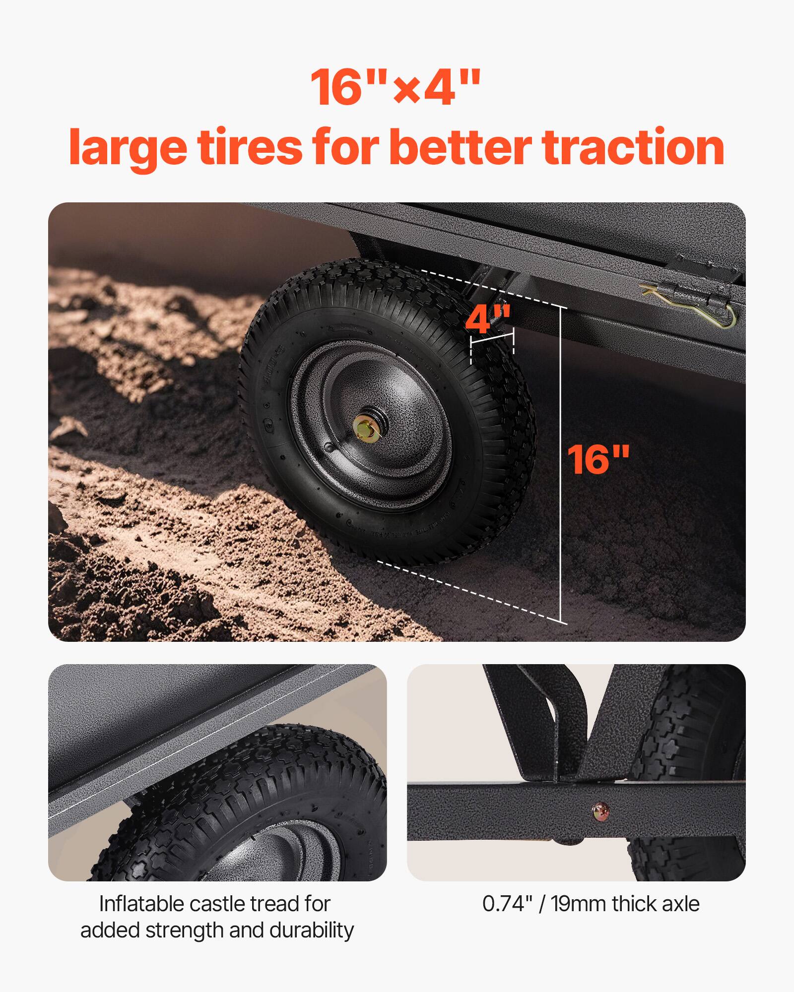 16" x 4" large tires for better traction

Inflatable castle tread for added strength and durability

0.74" / 19mm thick axle