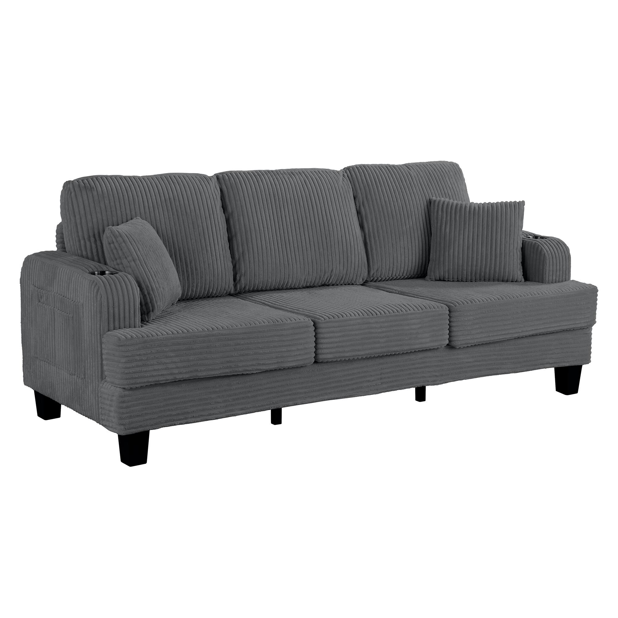 Alt View 2. Vaczon - Sofa Couch with USB Charging Ports and Cup Holders, 3-Seater Upholstered Living Room Sofa with 2 Throw Pillows - Gray.