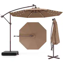 Costway - Patio 10FT Hanging Offset Umbrella 32 LED Lights Sand Bag Outdoor Cross Base - Coffee