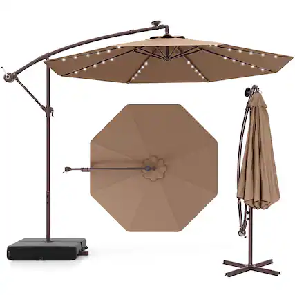 Front. Costway - Patio 10FT Hanging Offset Umbrella 32 LED Lights Sand Bag Outdoor Cross Base - Coffee.