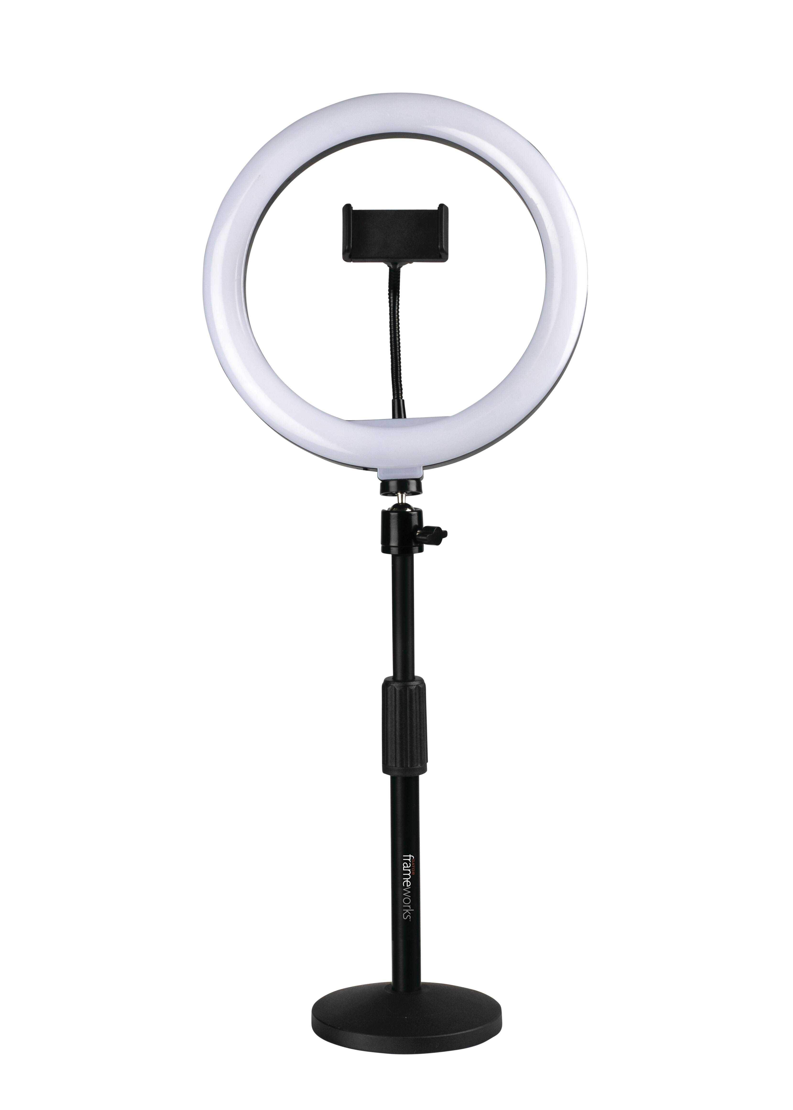 Front. Gator Frameworks - 10" LED Desktop Ring Light Stand with Phone Holder, 3 Color Modes and Compact Weighted Base, Portable and Compact Design.