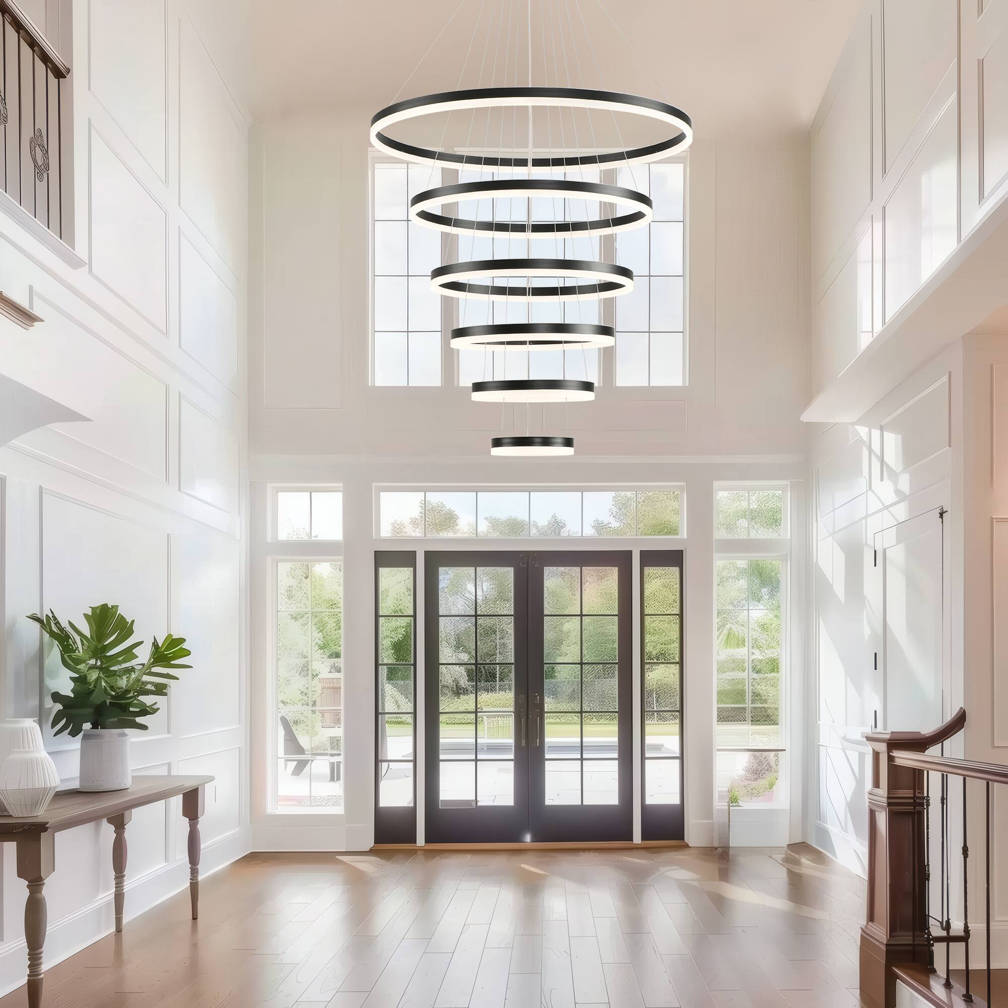 Alt View 2. RYHNUYNE - Modern Large 6-Ring LED Chandelier for High Ceilings Adjustable Pendant Light with Remote Dimmable for Foyer Entryway.