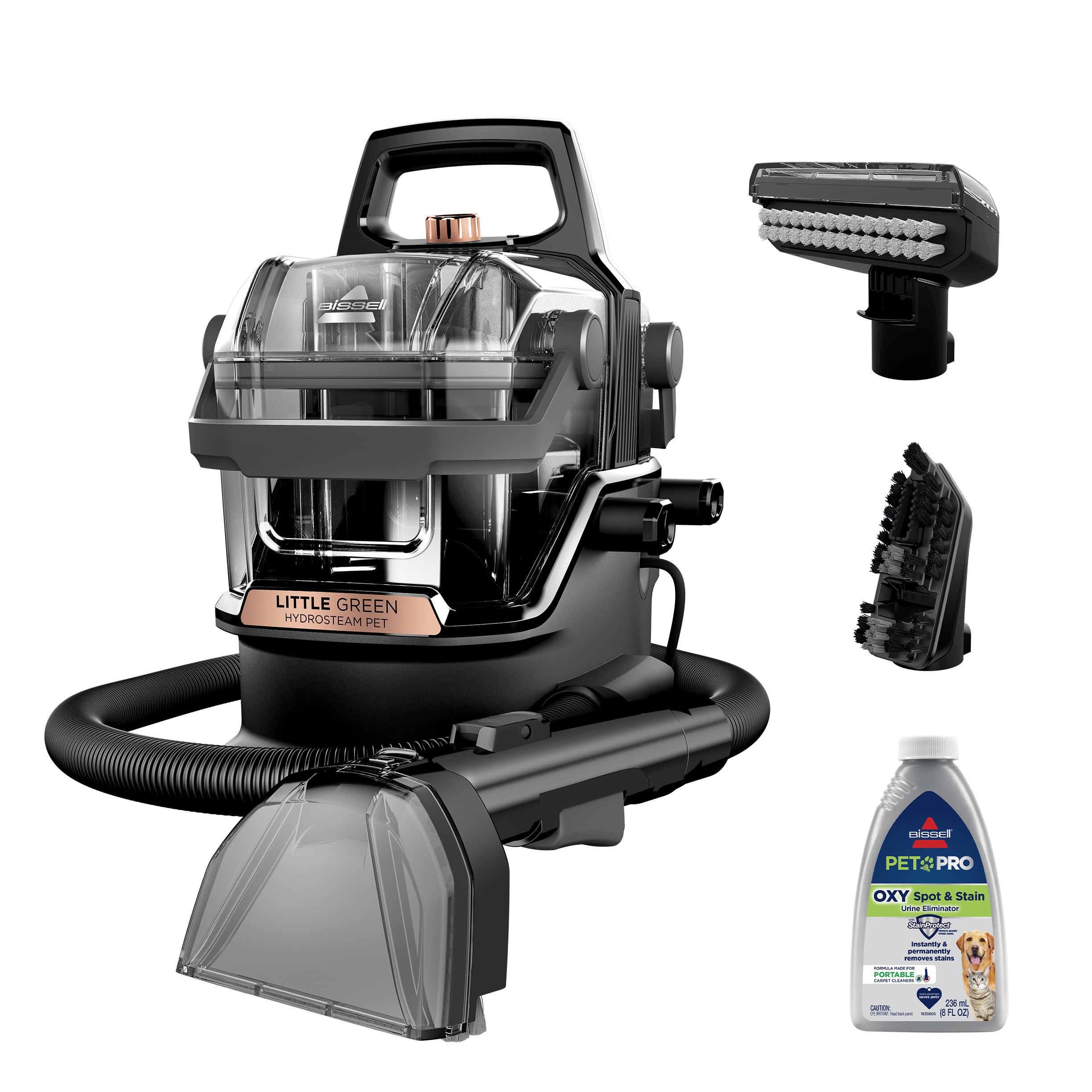 The image features a black and silver Little Green HydroSteam Pet Pro Oxy Spot & Stain Remover. The product is designed to remove spots and stains from various surfaces, such as carpets, upholstery, and clothing. The image also shows a bottle of the product, which is likely the cleaner used for the spot and stain removal. The product is advertised as an effective and convenient solution for cleaning and maintaining the appearance of different surfaces.