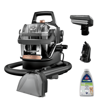 The image features a black and silver Little Green HydroSteam Pet Pro Oxy Spot & Stain Remover. The product is designed to remove spots and stains from various surfaces, such as carpets, upholstery, and clothing. The image also shows a bottle of the product, which is likely the cleaner used for the spot and stain removal. The product is advertised as an effective and convenient solution for cleaning and maintaining the appearance of different surfaces.