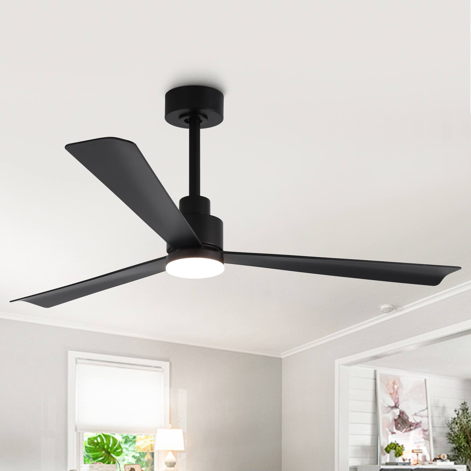 Parrot Uncle - 52-Inch Modern Propeller Ceiling Fan with Dimmable LED Light, 6-Speed DC Motor, Remote Control - Black