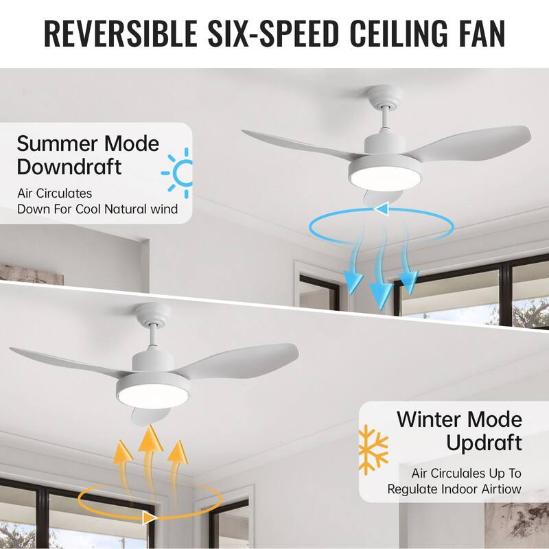 REVERSIBLE SIX-SPEED CEILING FAN

Summer Mode Downdraft  
Air Circulates Down For Cool Natural Wind

Winter Mode Updraft  
Air Circulates Up To Regulate Indoor Airflow